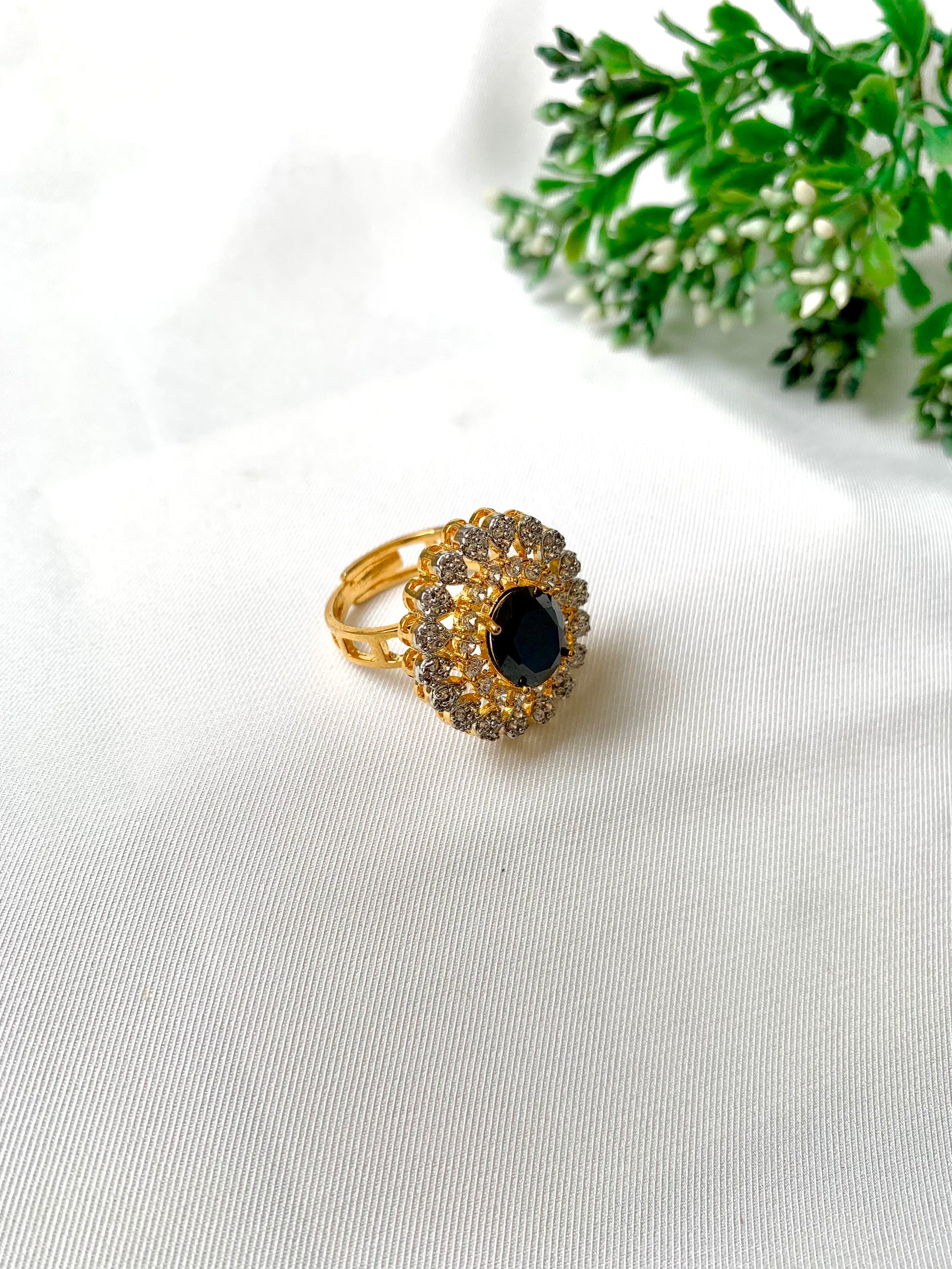 Gold-plated Janice Onyx Ring with American Diamonds – top angle