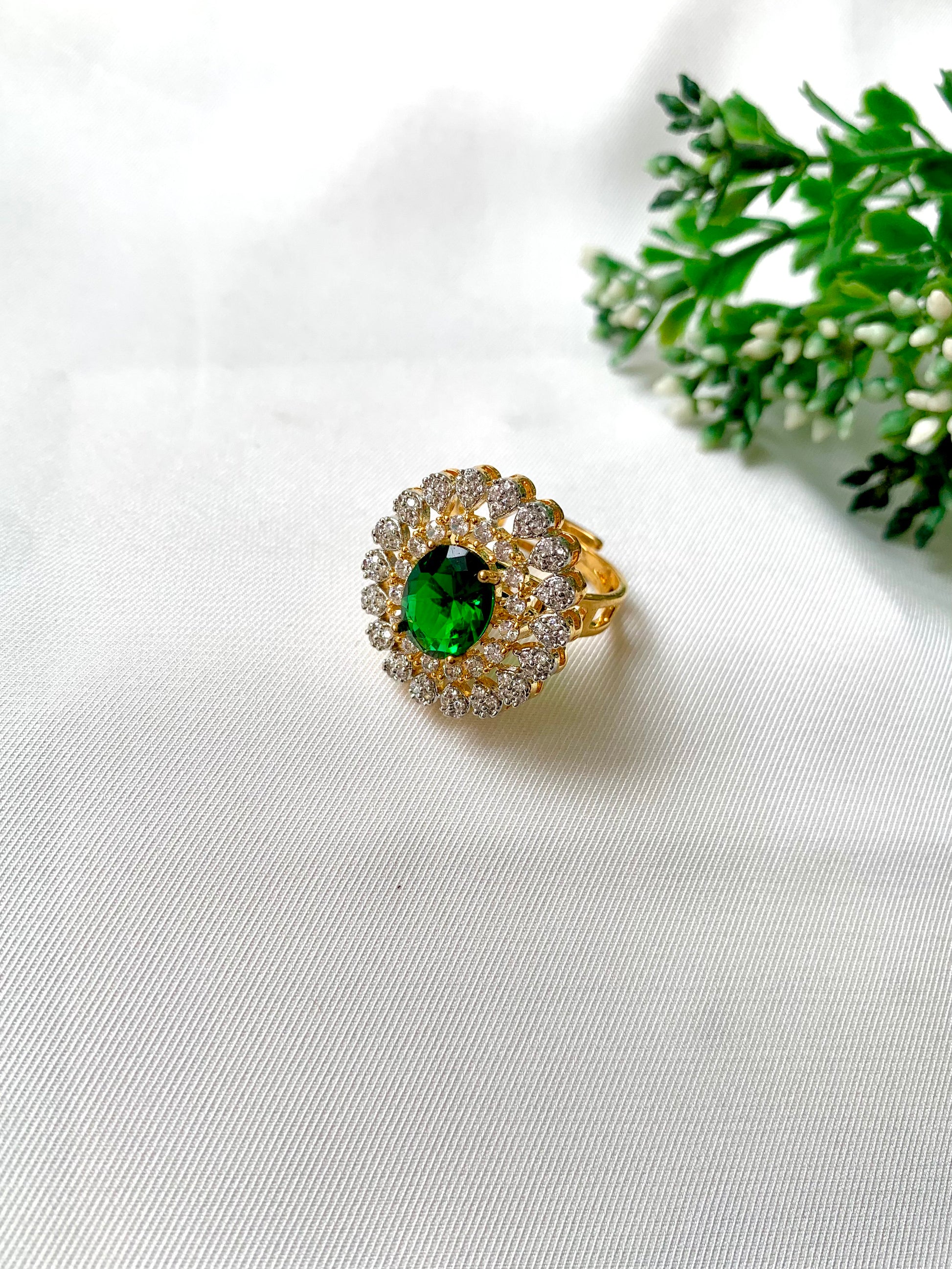 Janice Ring with Hydro Emerald center stone and American Diamonds