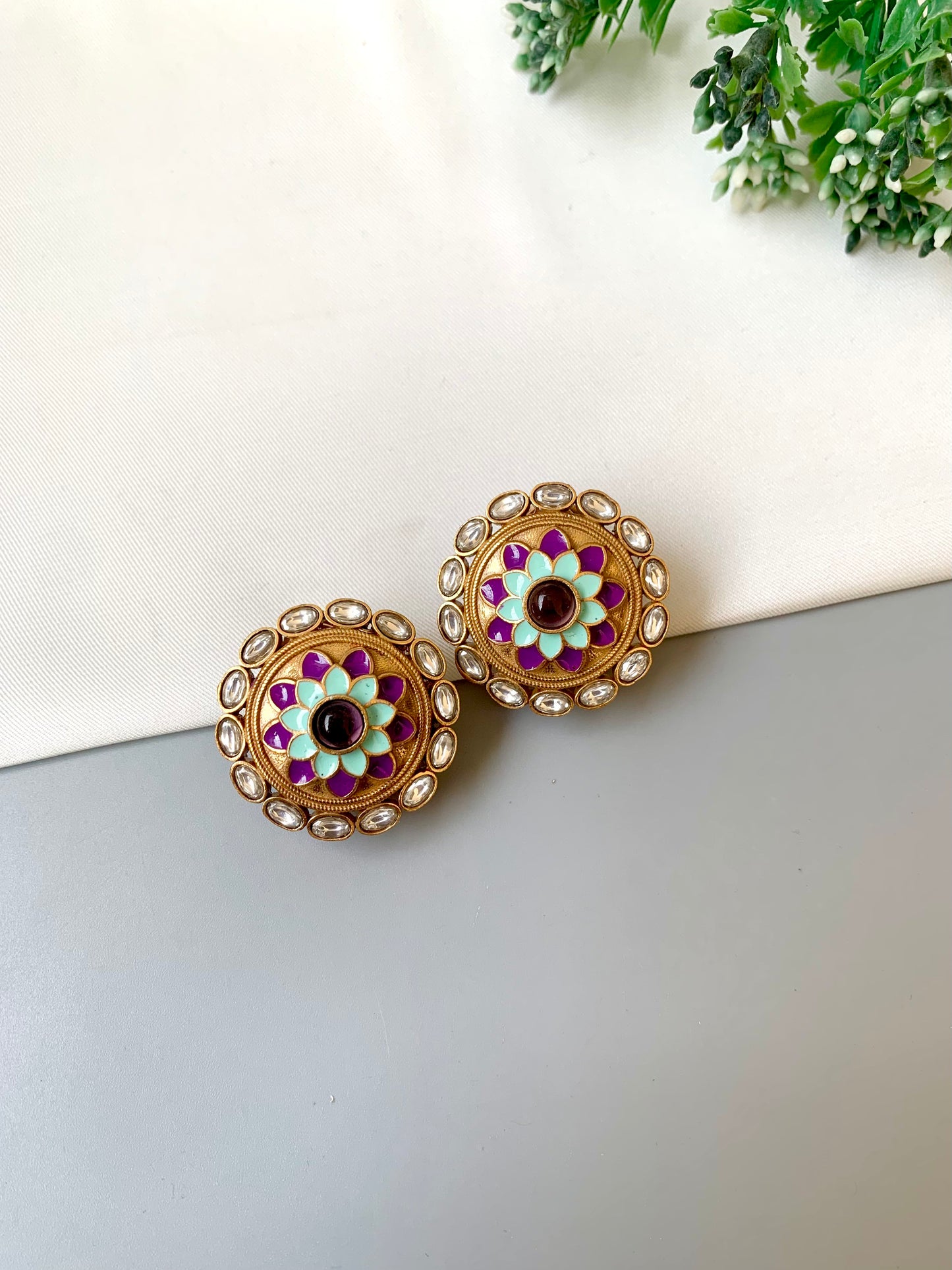 Joda Amethyst handcrafted Victorian gold antique finish studs with polki kundan and hand painted meena