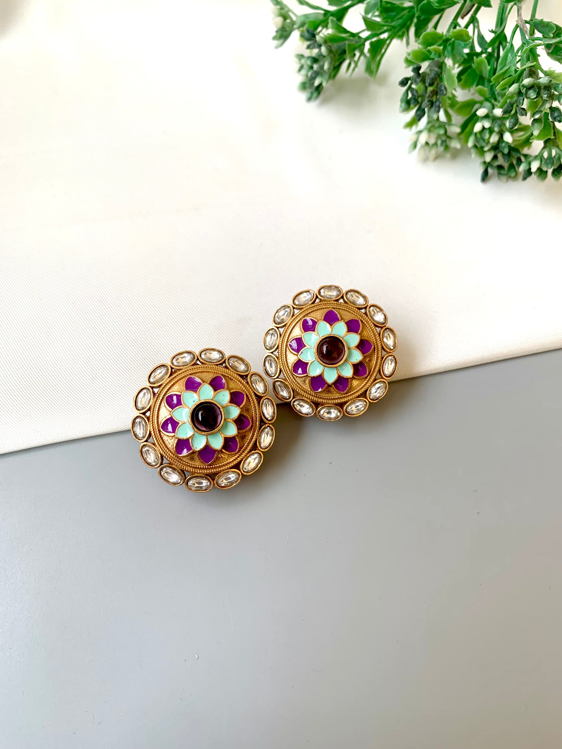Joda Amethyst handcrafted Victorian gold antique finish studs with polki kundan and hand painted meena