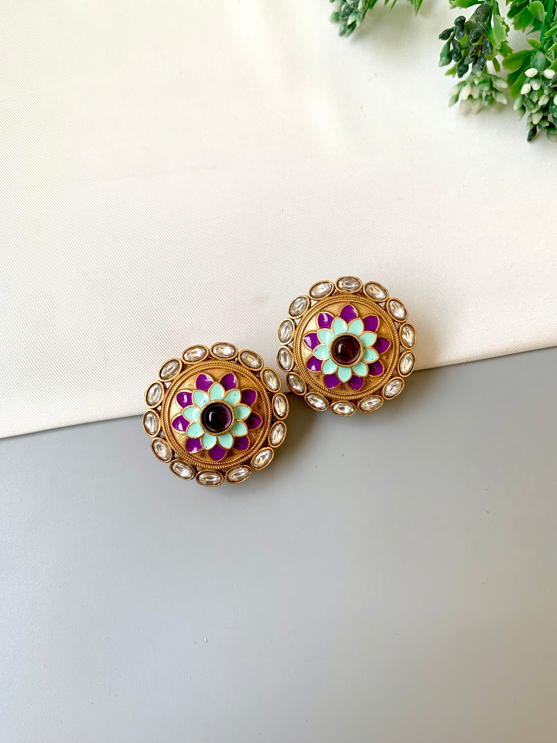 Joda Amethyst handcrafted Victorian gold antique finish studs with polki kundan and hand painted meena