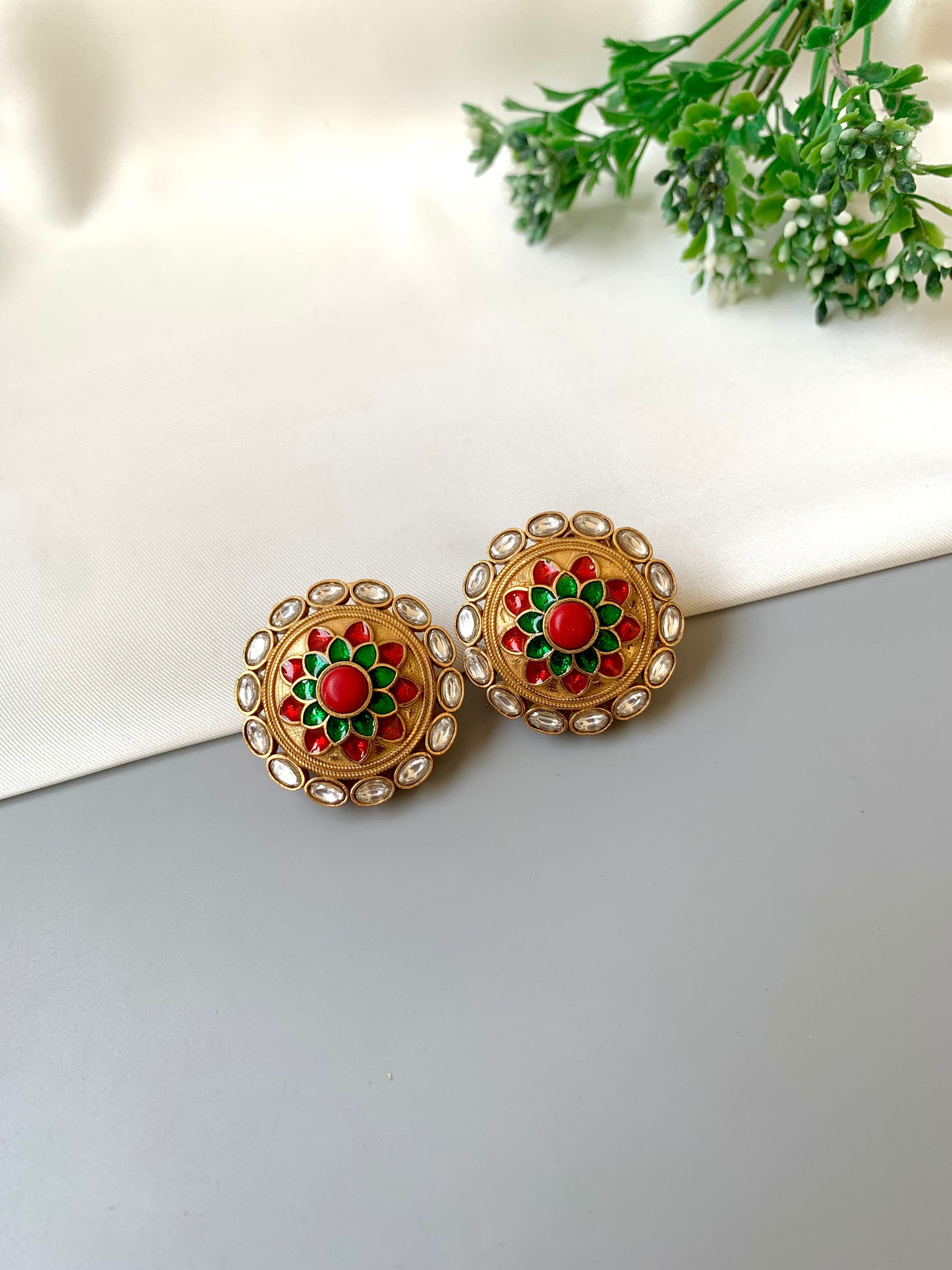 Joda Coral handcrafted Victorian gold antique finish studs with polki kundan and hand painted meena