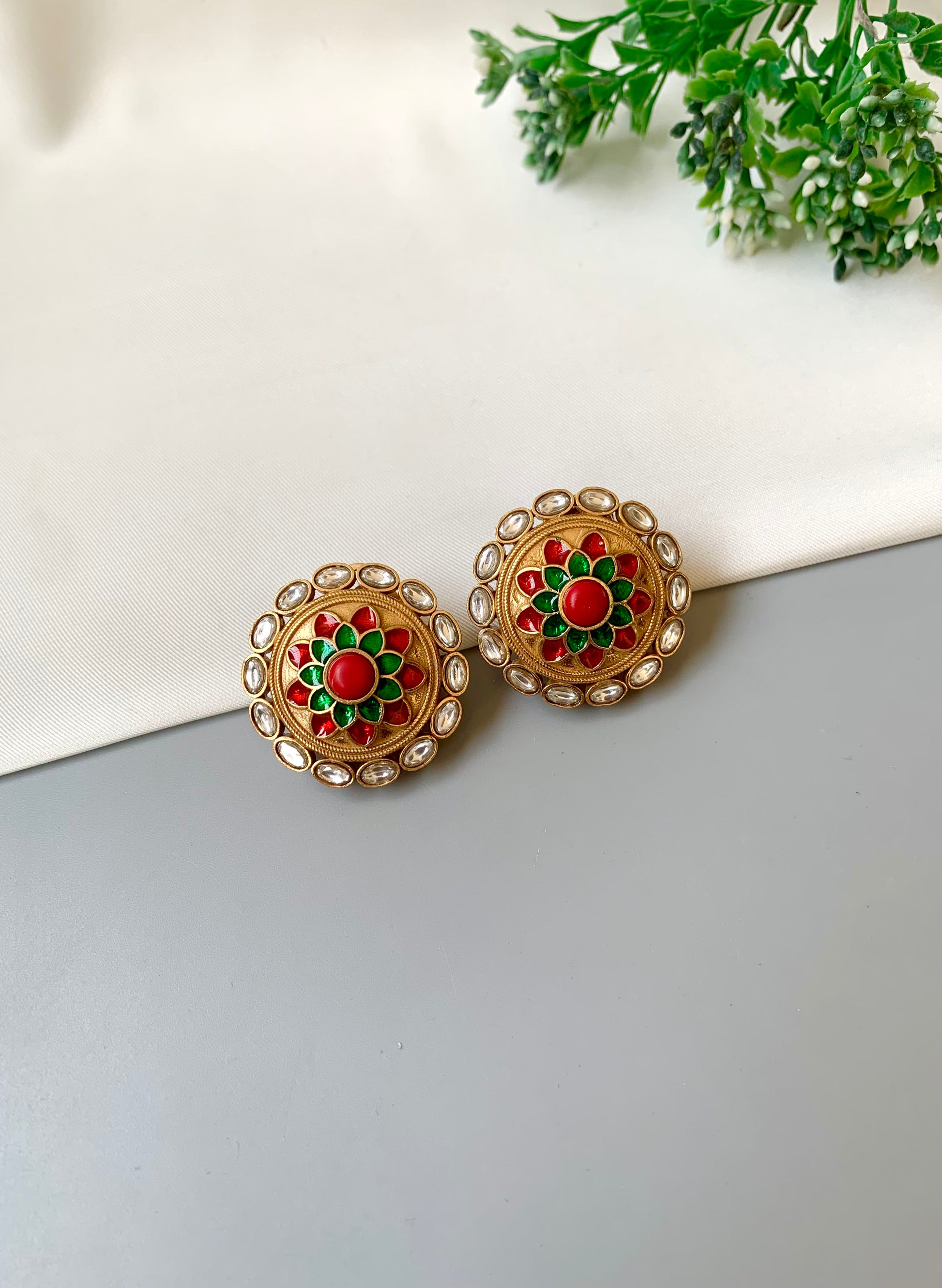 Joda Coral handcrafted Victorian gold antique finish studs with polki kundan and hand painted meena