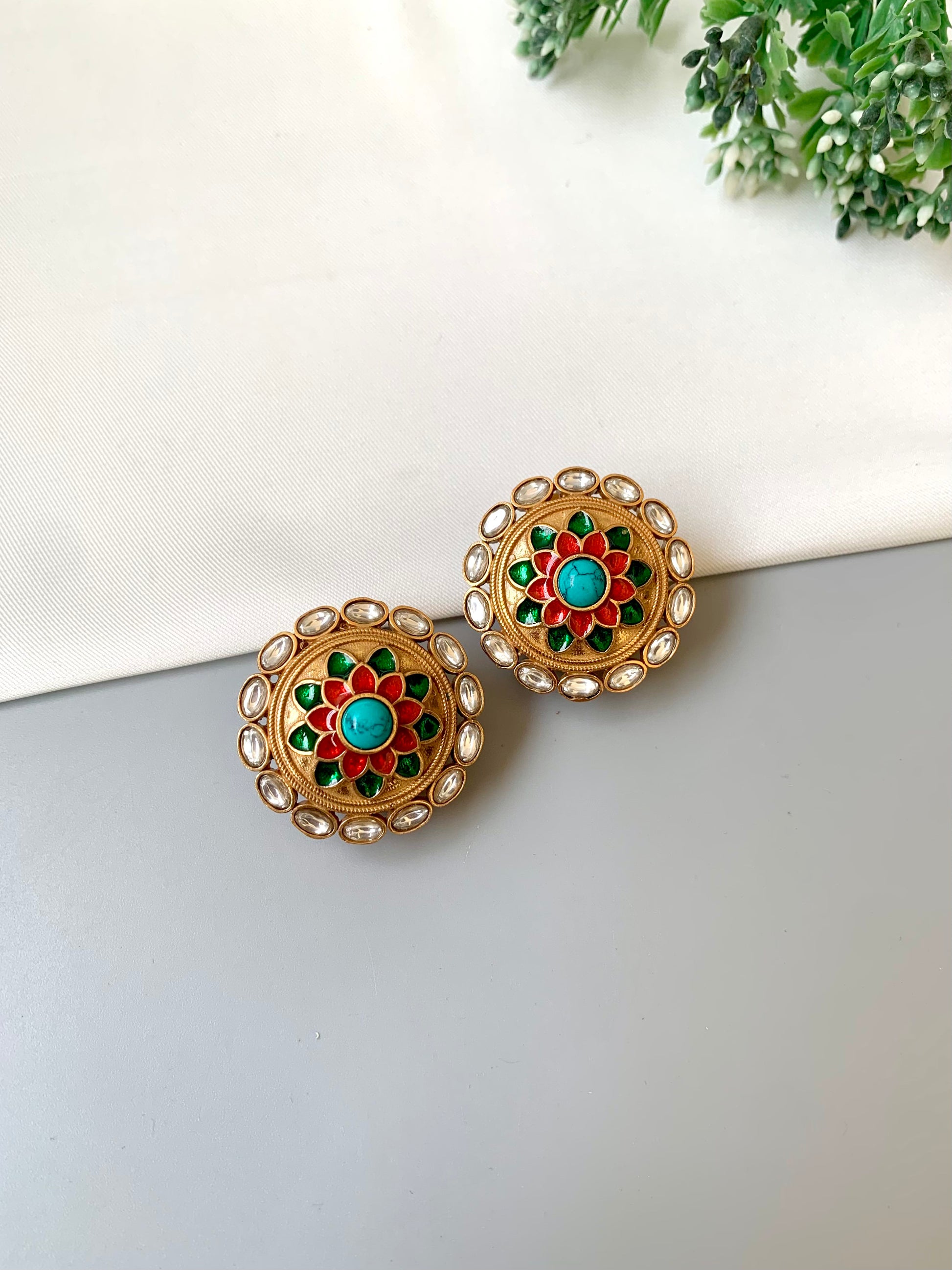 Joda Feroza handcrafted Victorian gold antique finish studs with polki kundan and hand painted meena