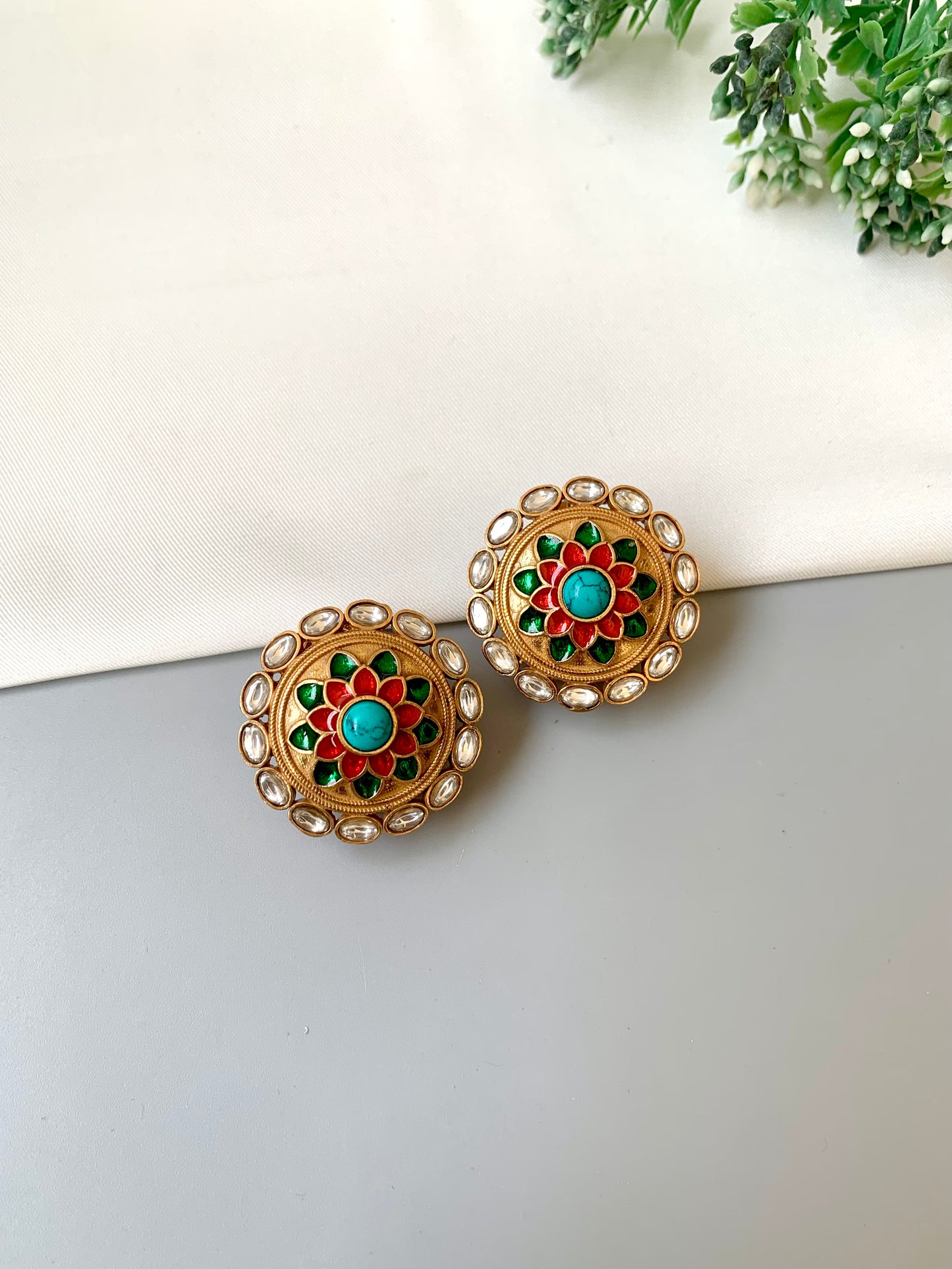 Joda Feroza handcrafted Victorian gold antique finish studs with polki kundan and hand painted meena