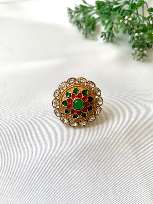 Joda Emerald Victorian gold antique finish cocktail ring with polki kundan and hand painted meena