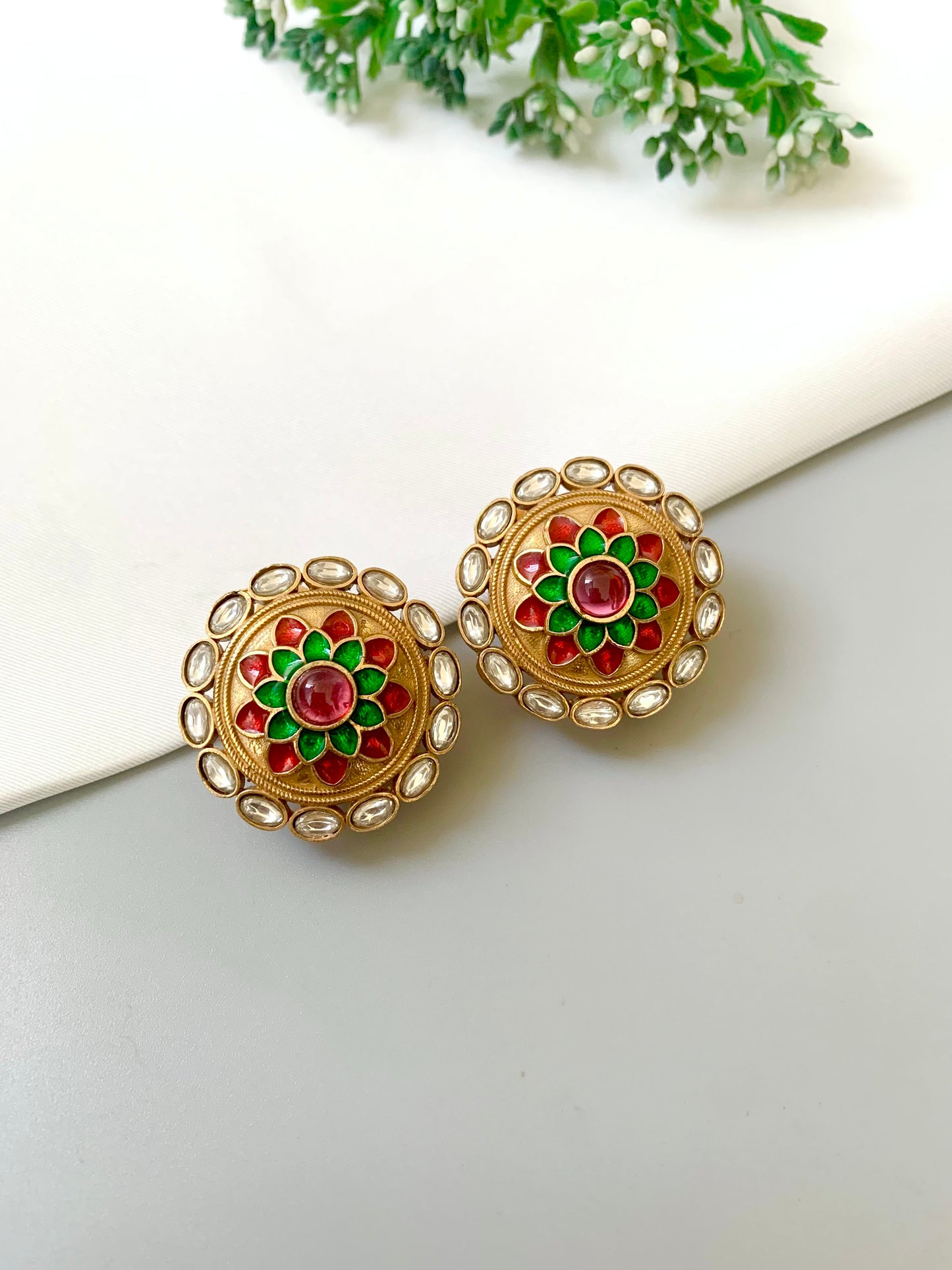 Joda Ruby handcrafted Victorian gold antique finish studs with polki kundan and hand painted meena