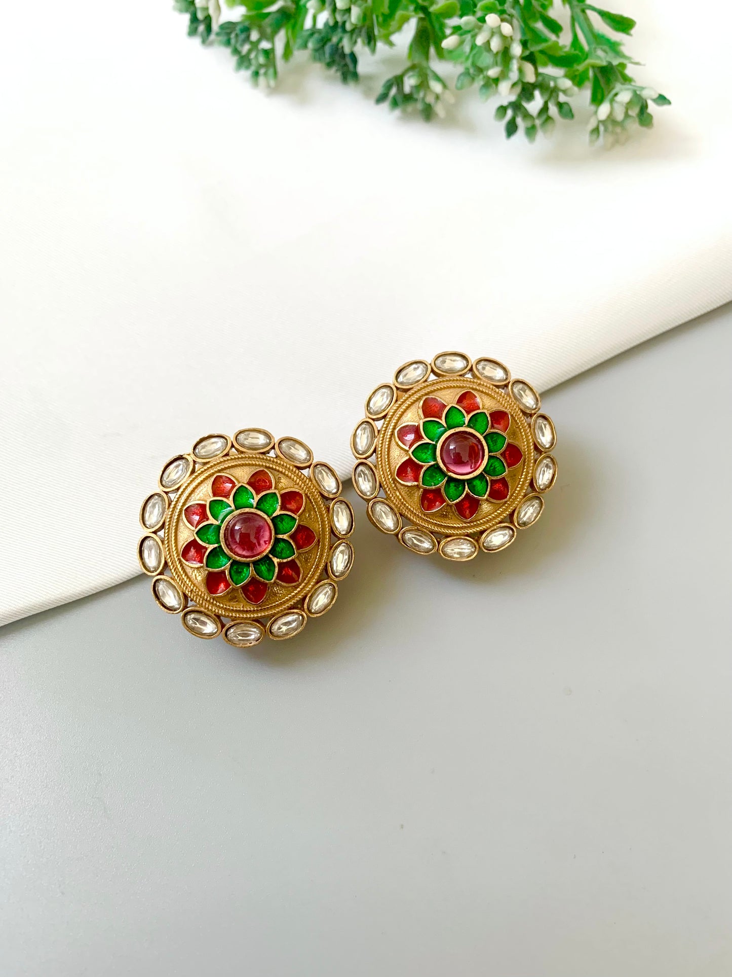 Joda Ruby handcrafted Victorian gold antique finish studs with polki kundan and hand painted meena