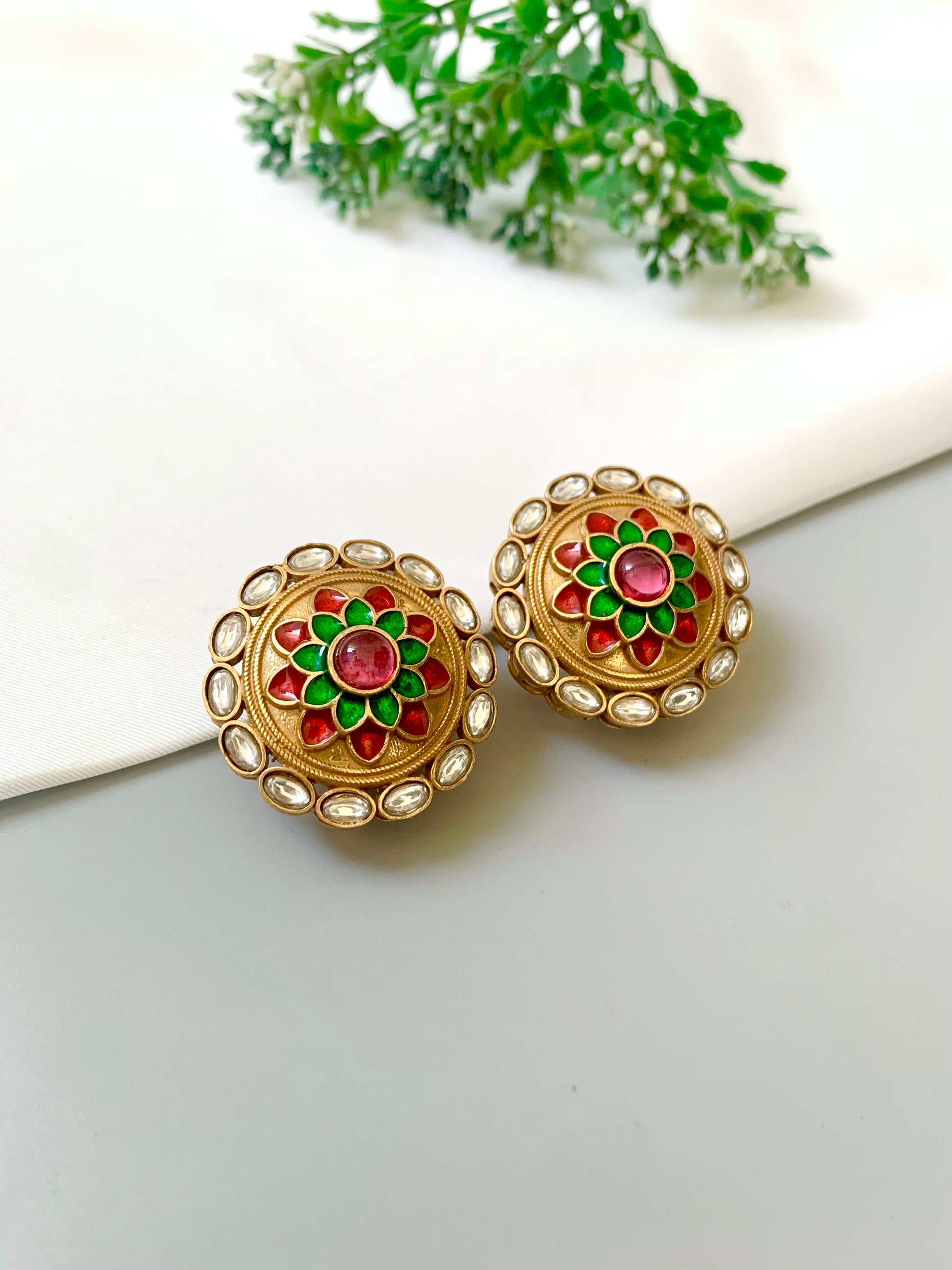 Joda Ruby handcrafted Victorian gold antique finish studs with polki kundan and hand painted meena
