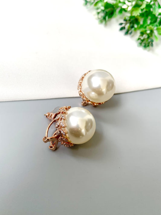 Zamal Jewels Kaia Earrings with Semi-Precious Pearl in Rose Gold Plating and American Diamonds