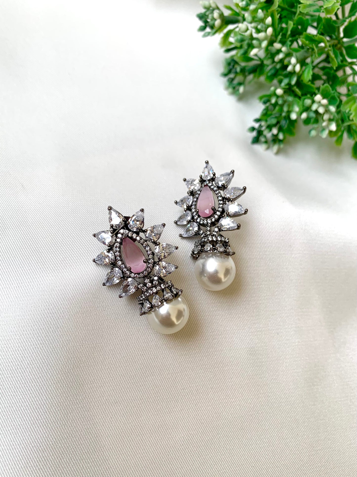 Hand crafted Kairo Pink earrings in rhodium oxidized polish featuring American Diamonds, semi-precious pearls and onyx