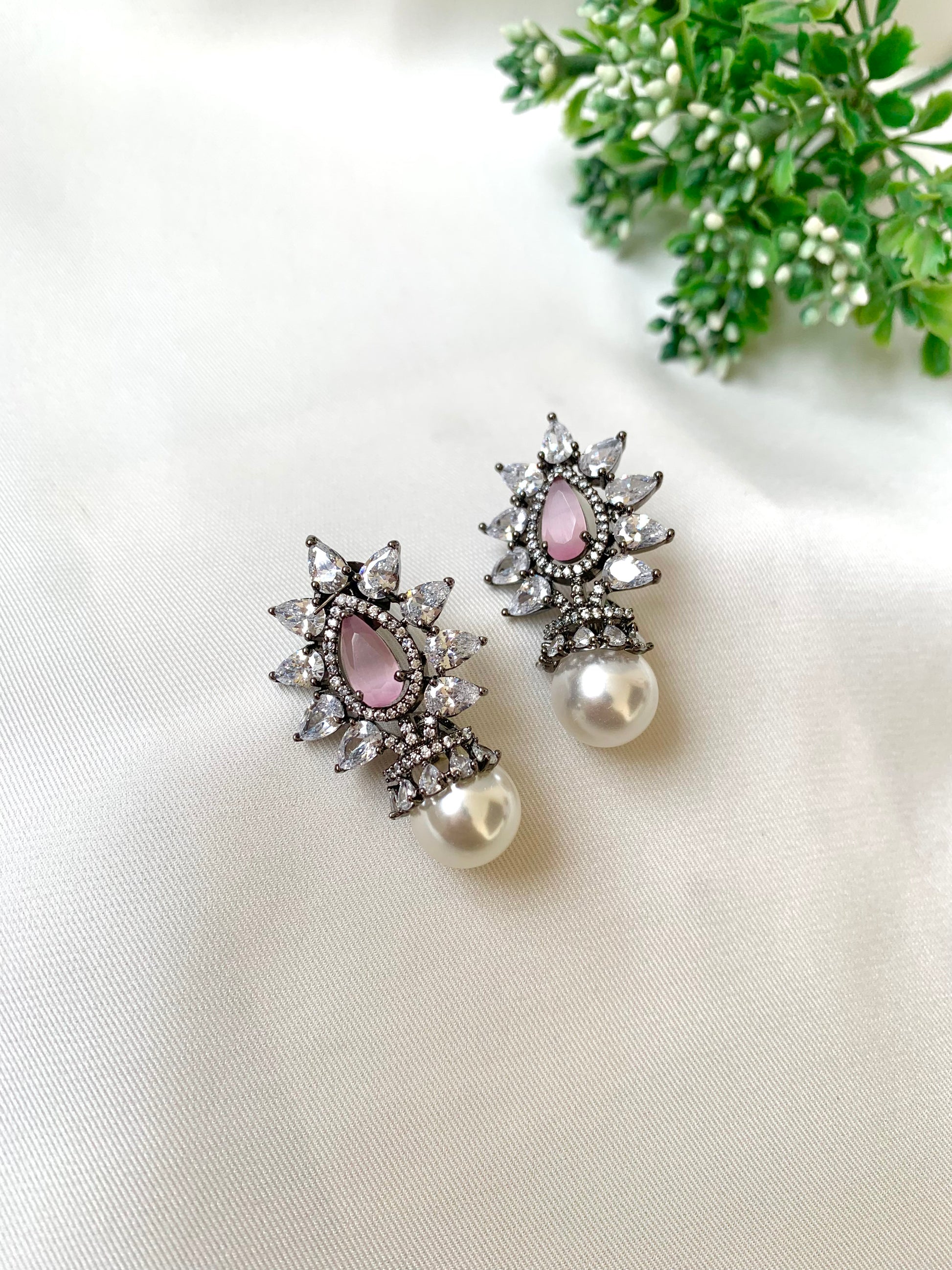Hand crafted Kairo Pink earrings in rhodium oxidized polish featuring American Diamonds, semi-precious pearls and onyx