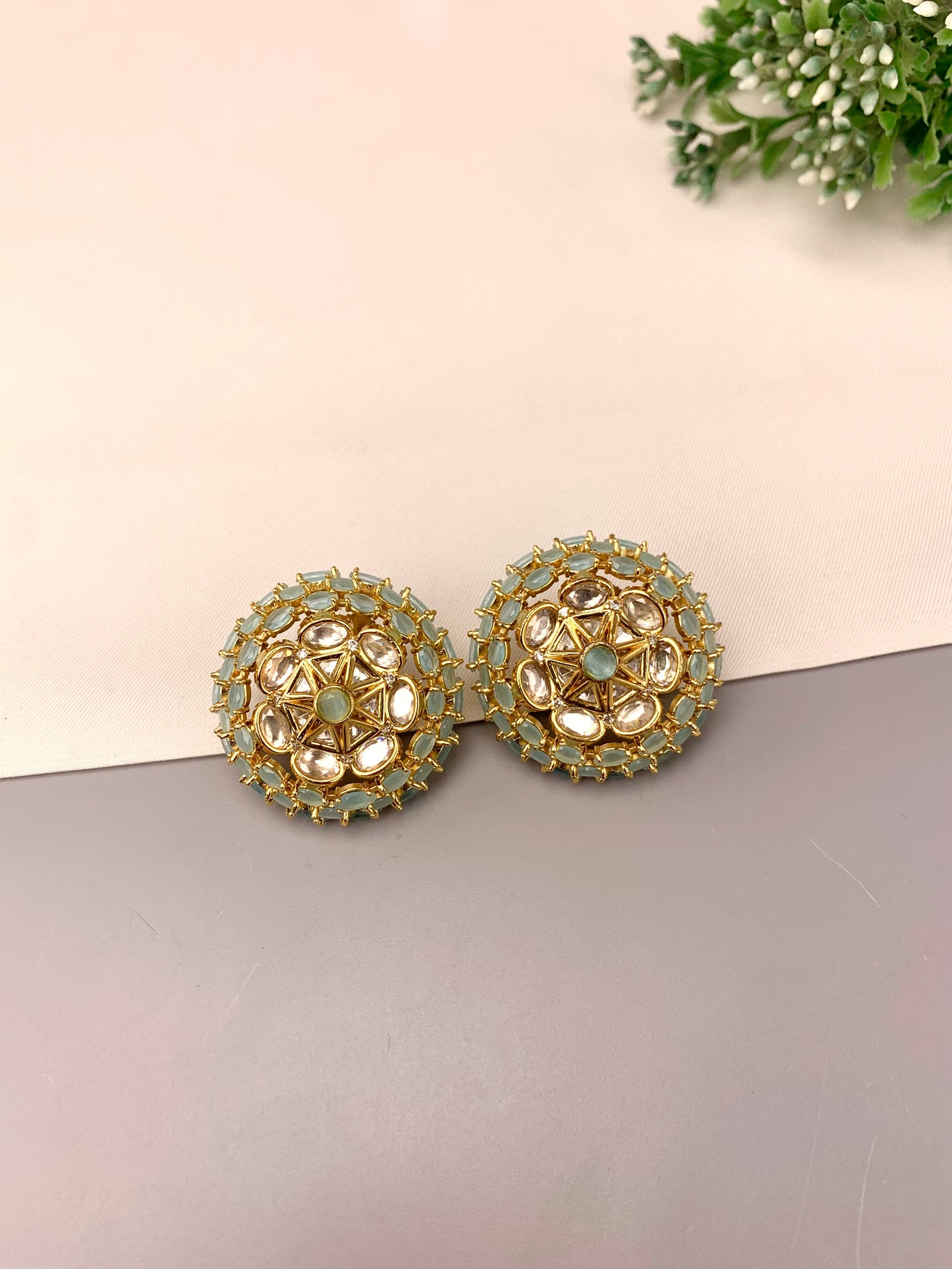 Keilah handcrafted 22kt gold plated studs with Polki Kundan and semi-precious Onyx, available in Pink and Mint variants