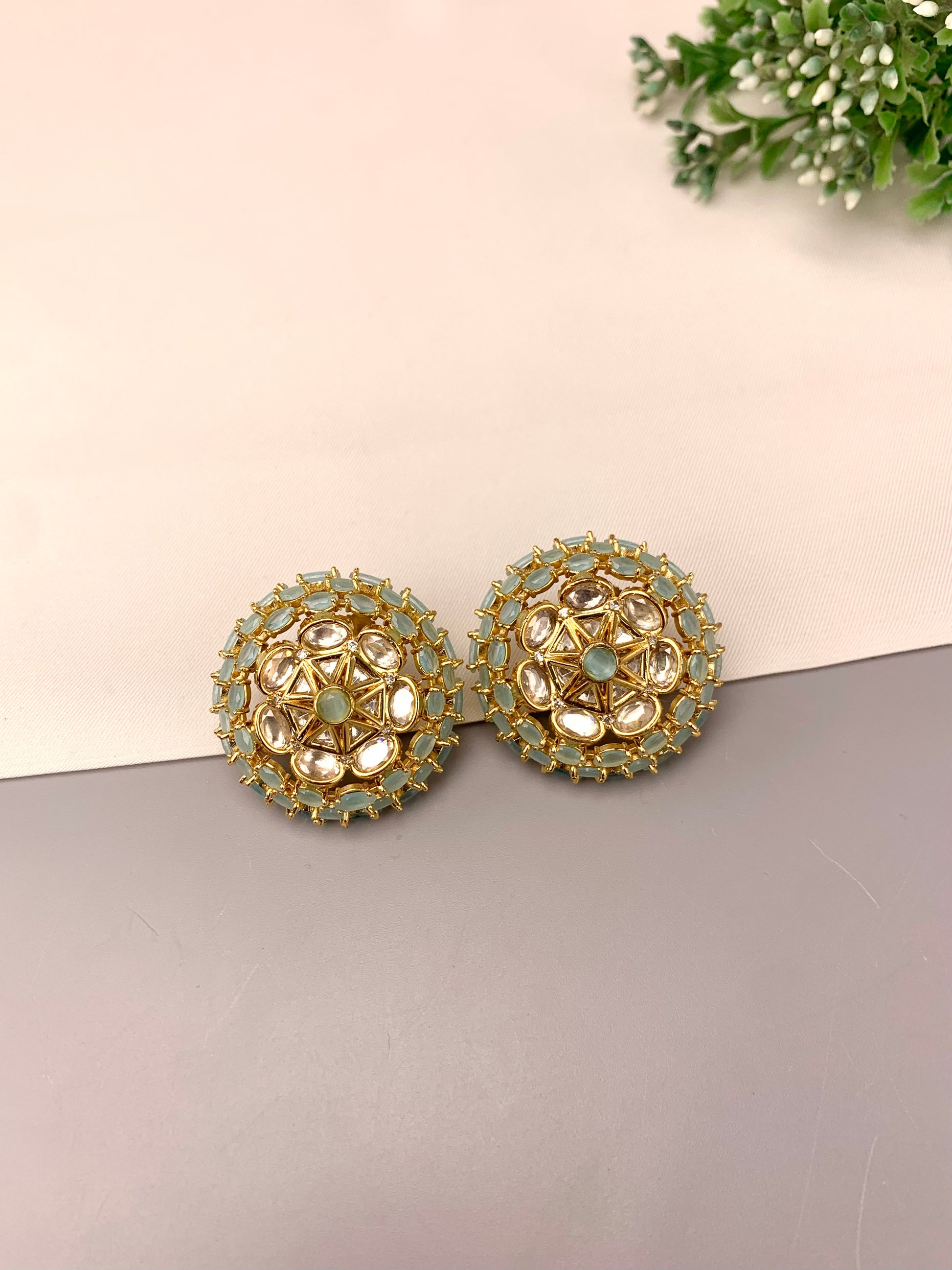 Keilah handcrafted 22kt gold plated studs with Polki Kundan and semi-precious Onyx, available in Pink and Mint variants