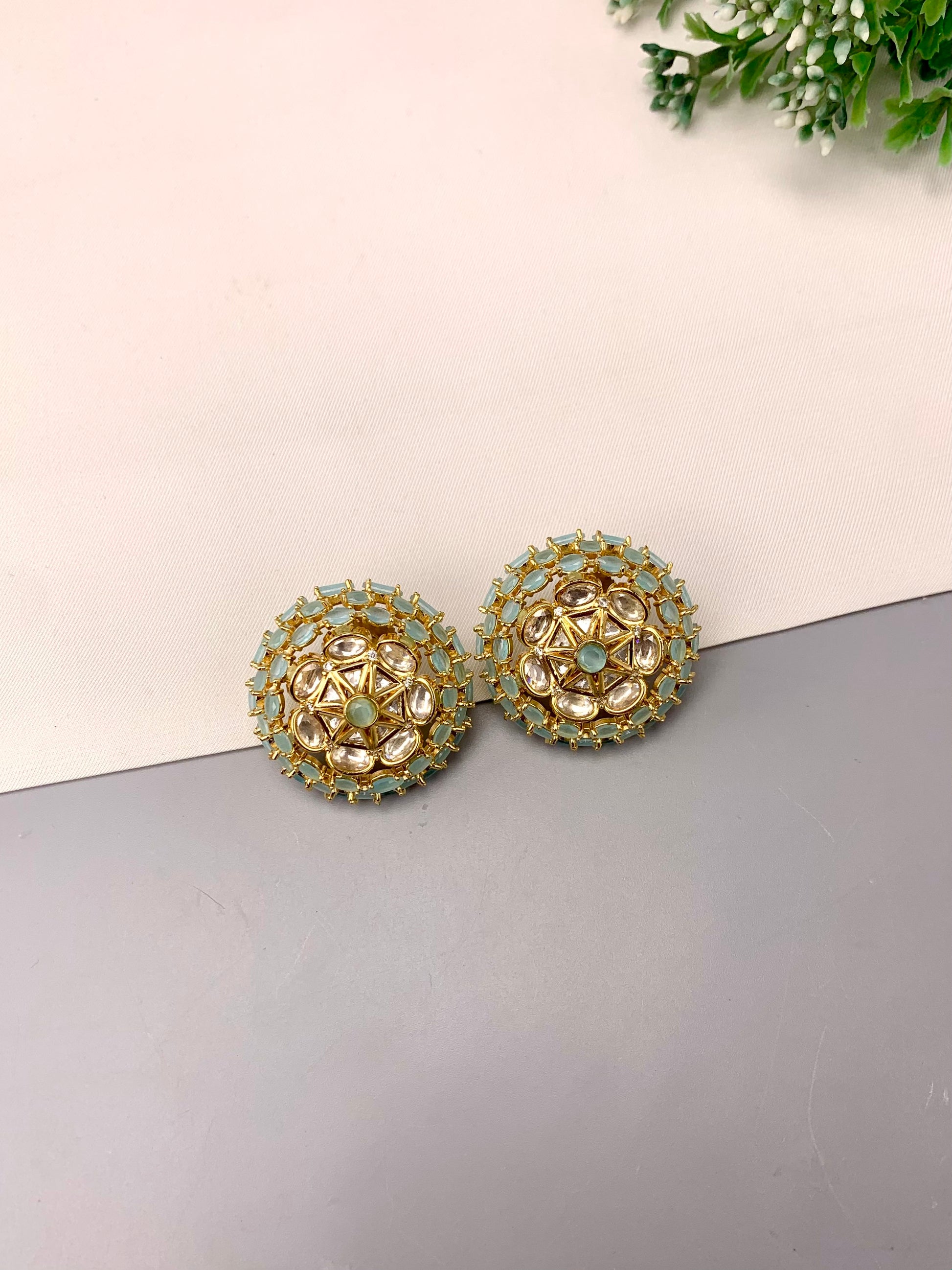 Keilah handcrafted 22kt gold plated studs with Polki Kundan and semi-precious Onyx, available in Pink and Mint variants