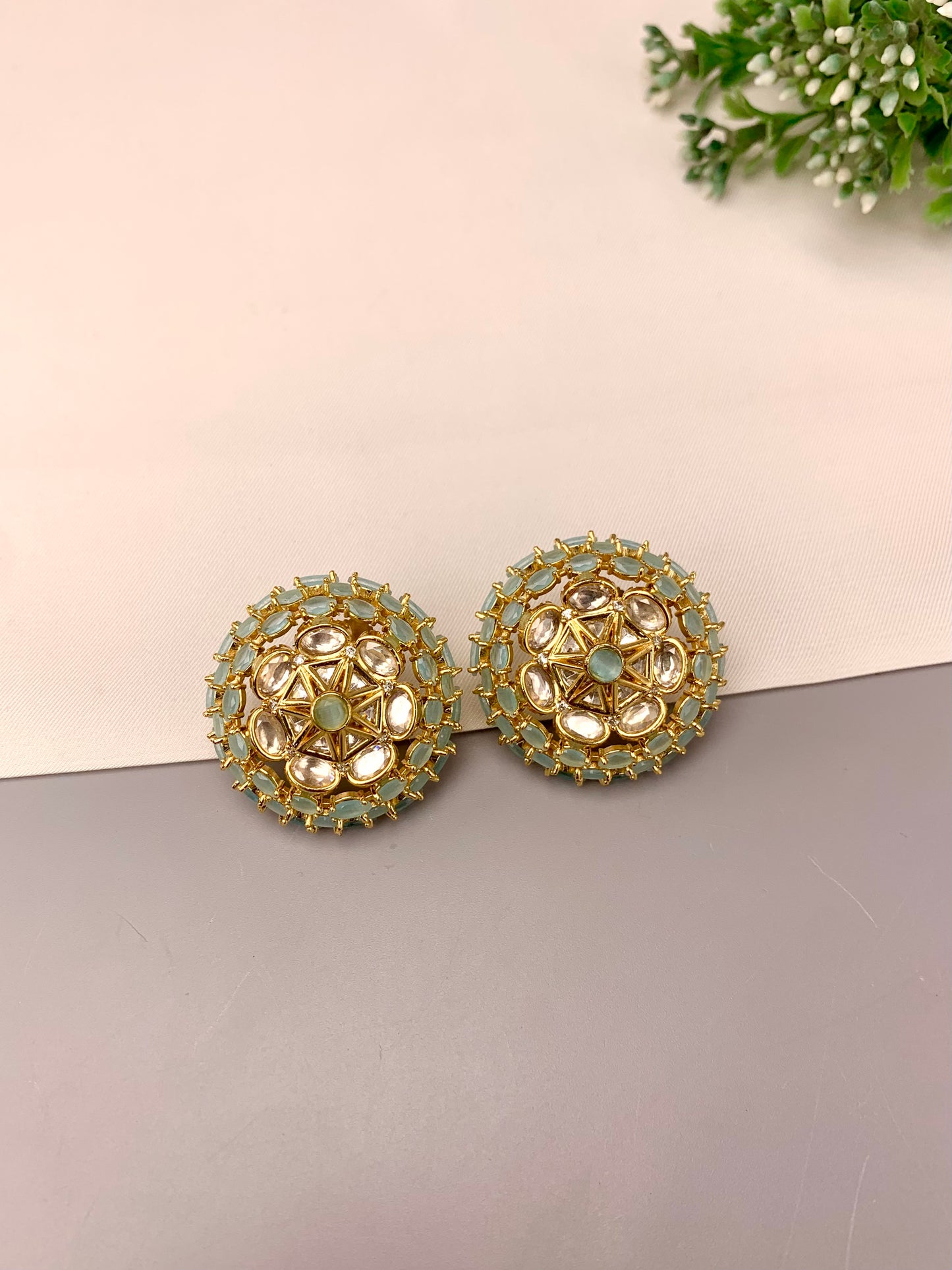 Keilah handcrafted 22kt gold plated studs with Polki Kundan and semi-precious Onyx, available in Pink and Mint variants