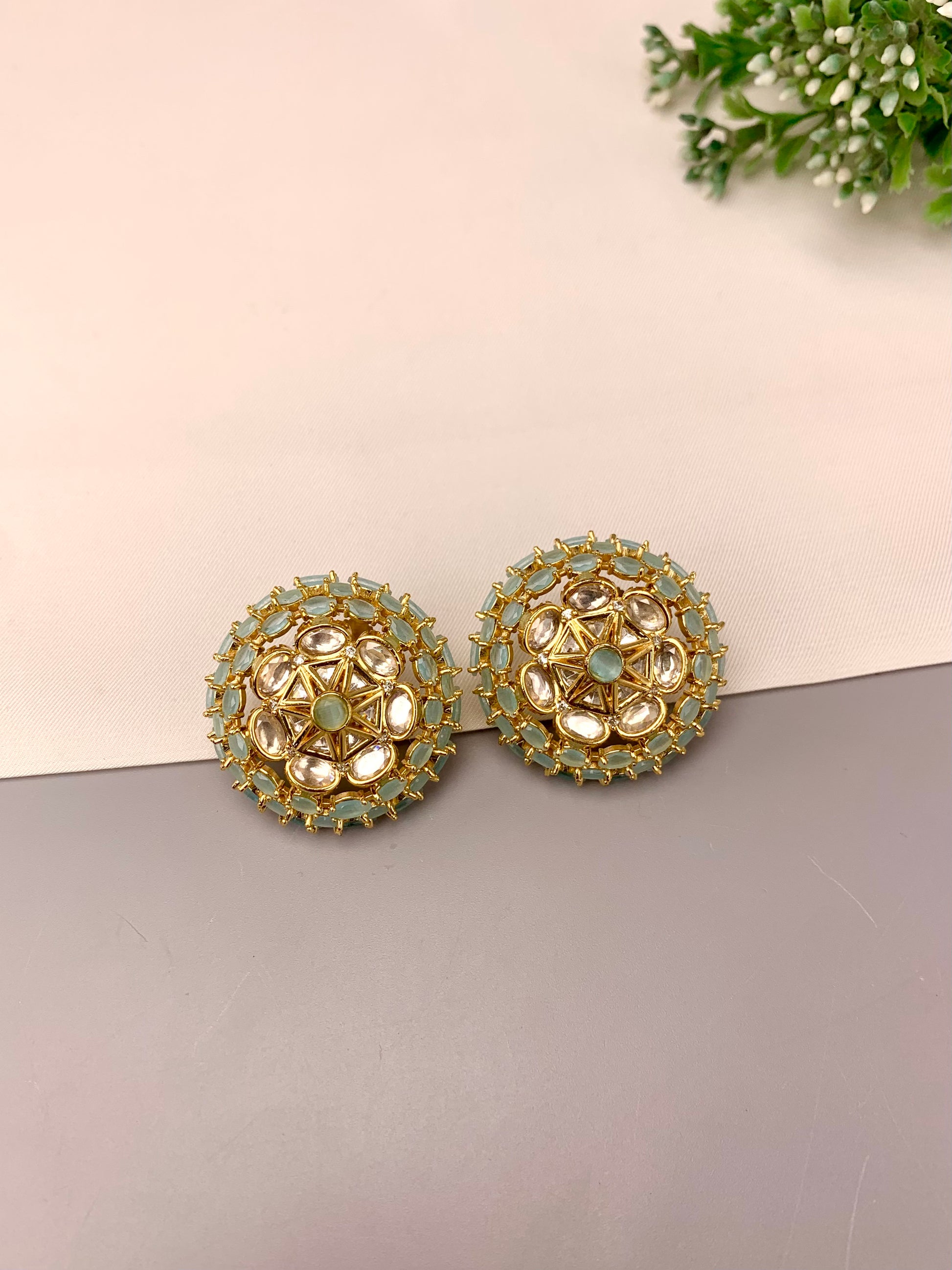 Keilah handcrafted 22kt gold plated studs with Polki Kundan and semi-precious Onyx, available in Pink and Mint variants