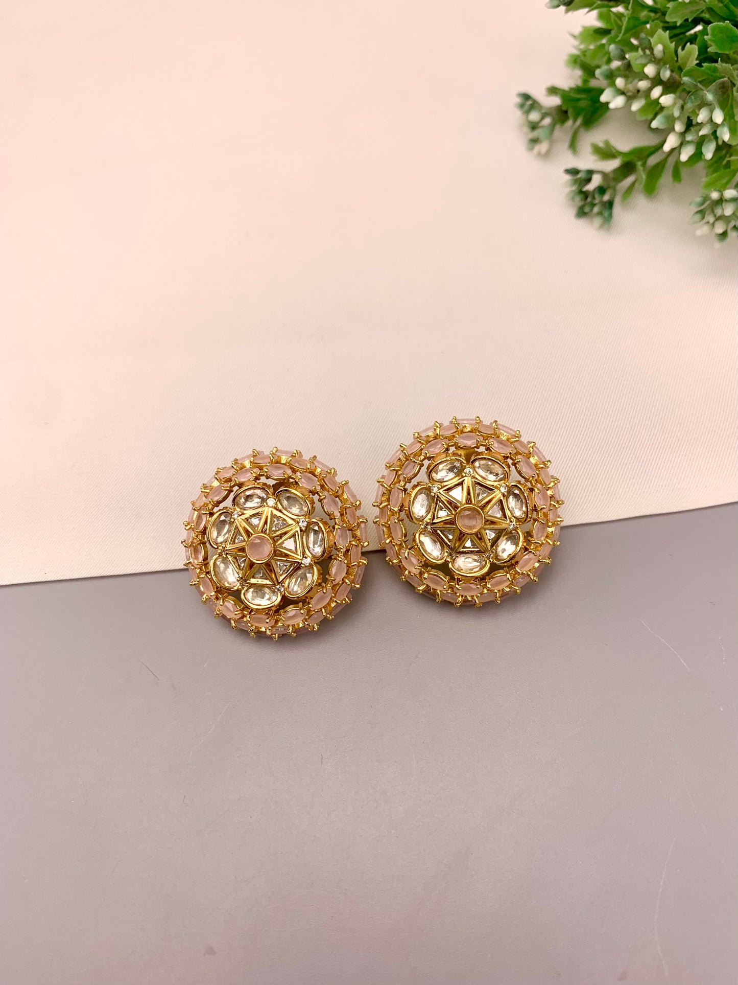 Keilah handcrafted 22kt gold plated studs with Polki Kundan and semi-precious Onyx, available in Pink and Mint variants