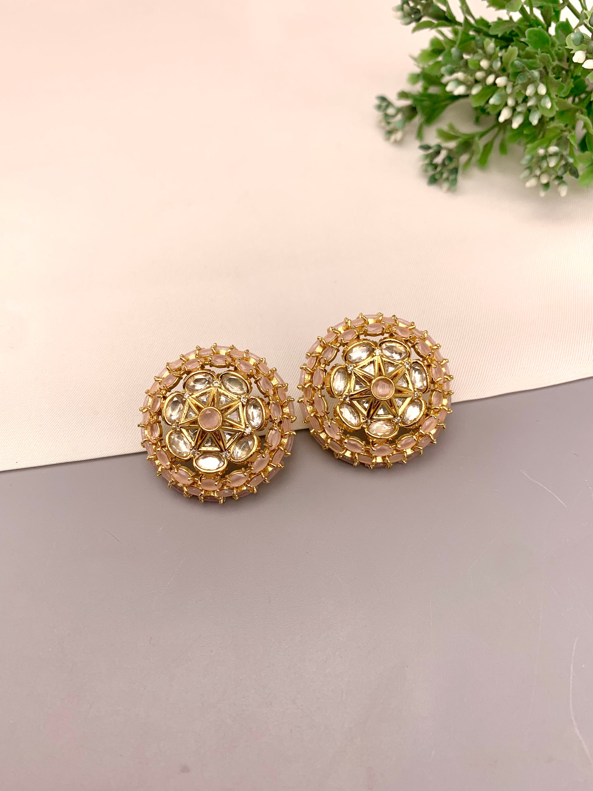 Keilah handcrafted 22kt gold plated studs with Polki Kundan and semi-precious Onyx, available in Pink and Mint variants