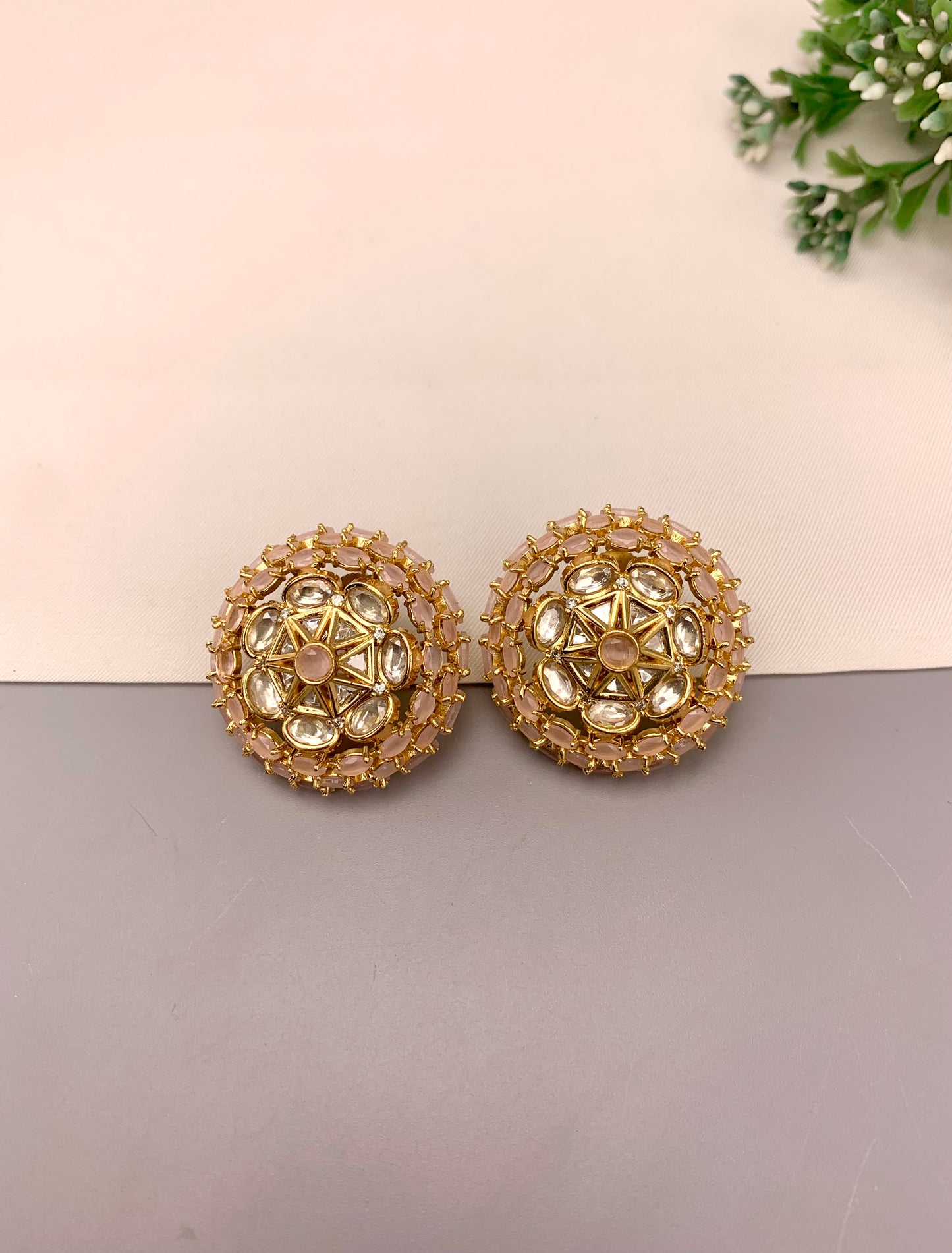 Keilah handcrafted 22kt gold plated studs with Polki Kundan and semi-precious Onyx, available in Pink and Mint variants