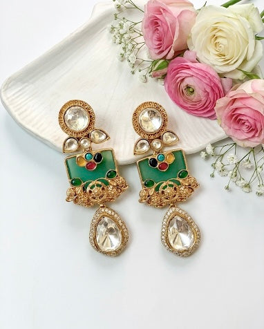 Krisha polki kundan nauratan filigree earrings in antique gold plating with ruby emerald feroza citrine and onyx stones