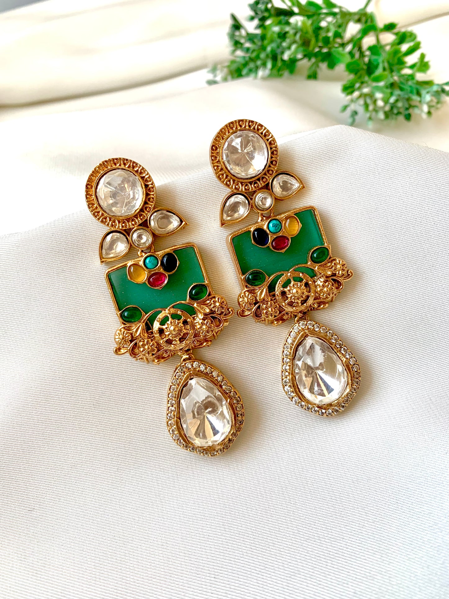Krisha polki kundan nauratan filigree earrings in antique gold plating with ruby emerald feroza citrine and onyx stones