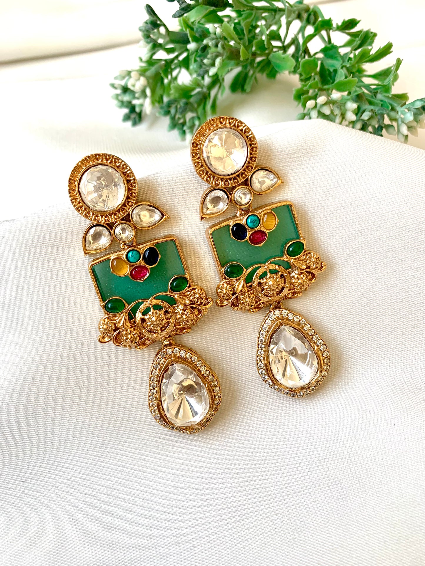 Krisha polki kundan nauratan filigree earrings in antique gold plating with ruby emerald feroza citrine and onyx stones