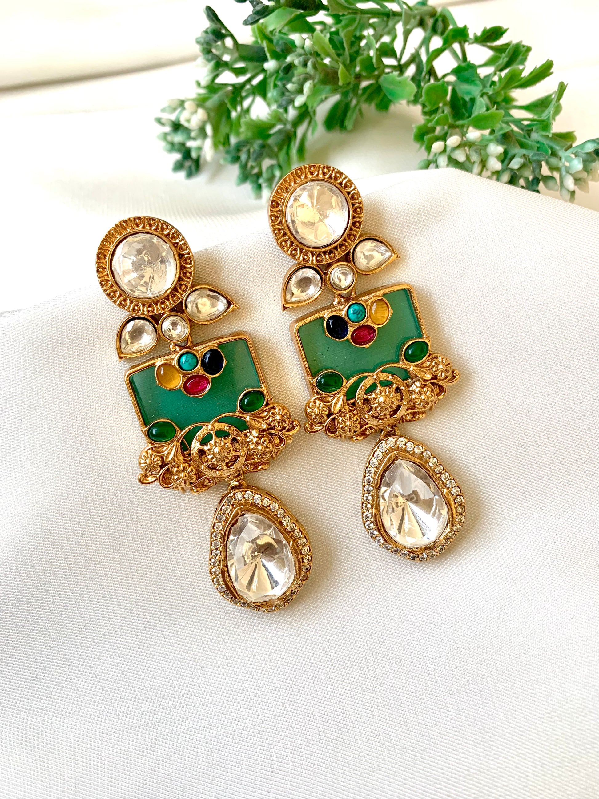 Krisha polki kundan nauratan filigree earrings in antique gold plating with ruby emerald feroza citrine and onyx stones