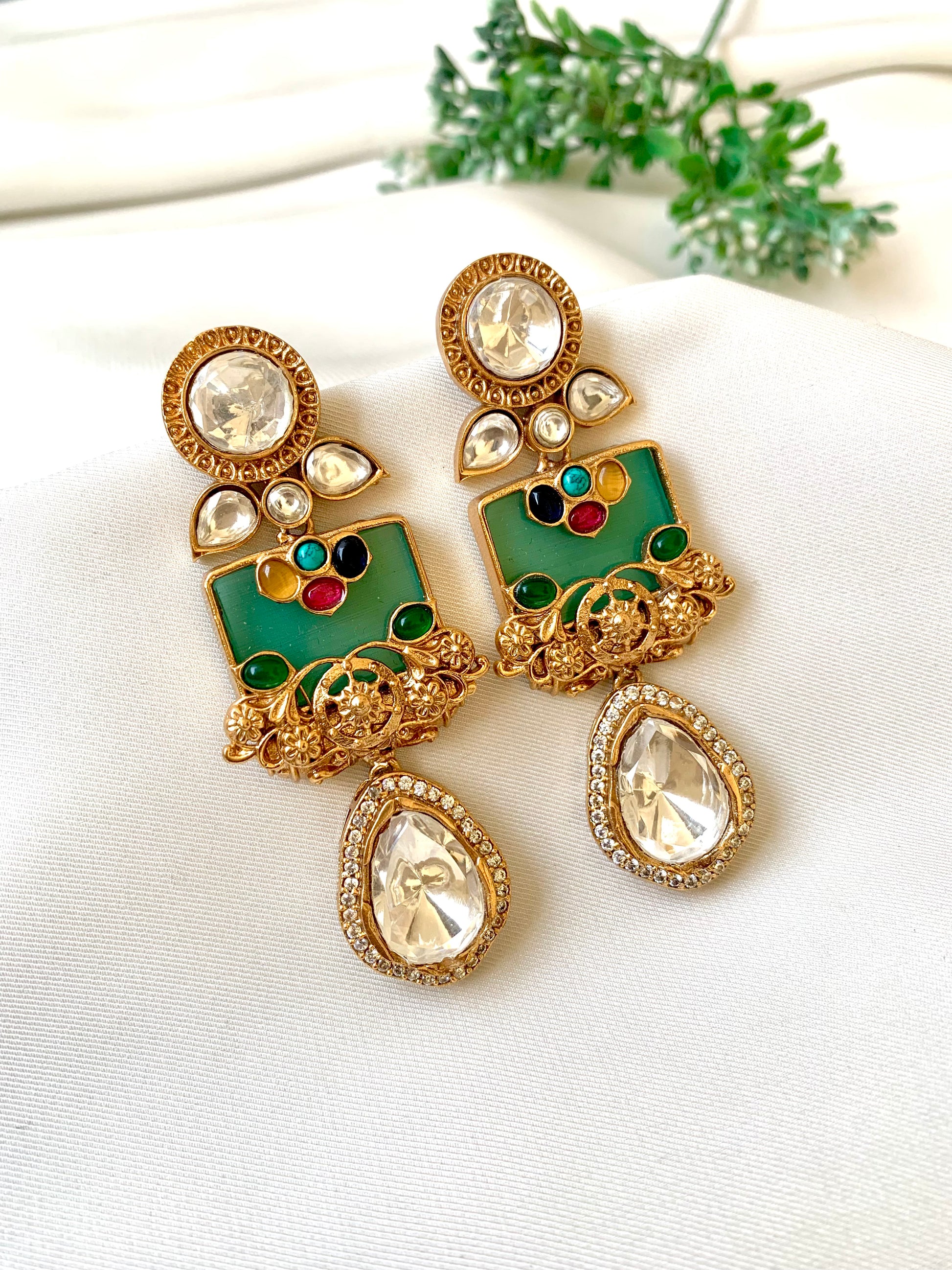 Krisha polki kundan nauratan filigree earrings in antique gold plating with ruby emerald feroza citrine and onyx stones