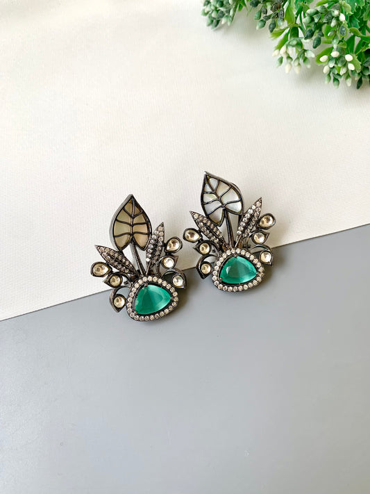 Laela rhodium mint designer earrings with polki kundan, mother of pearl and american diamonds