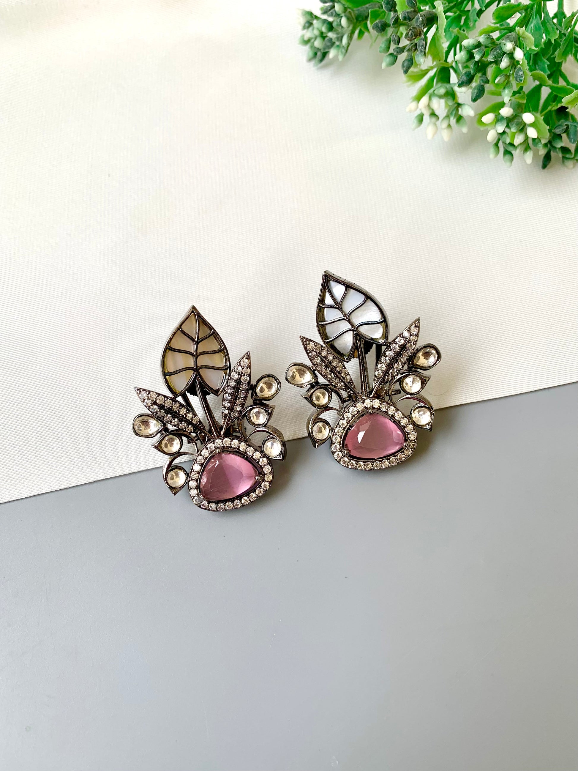 Laela rhodium pink designer earrings with polki kundan, mother of pearl and american diamonds