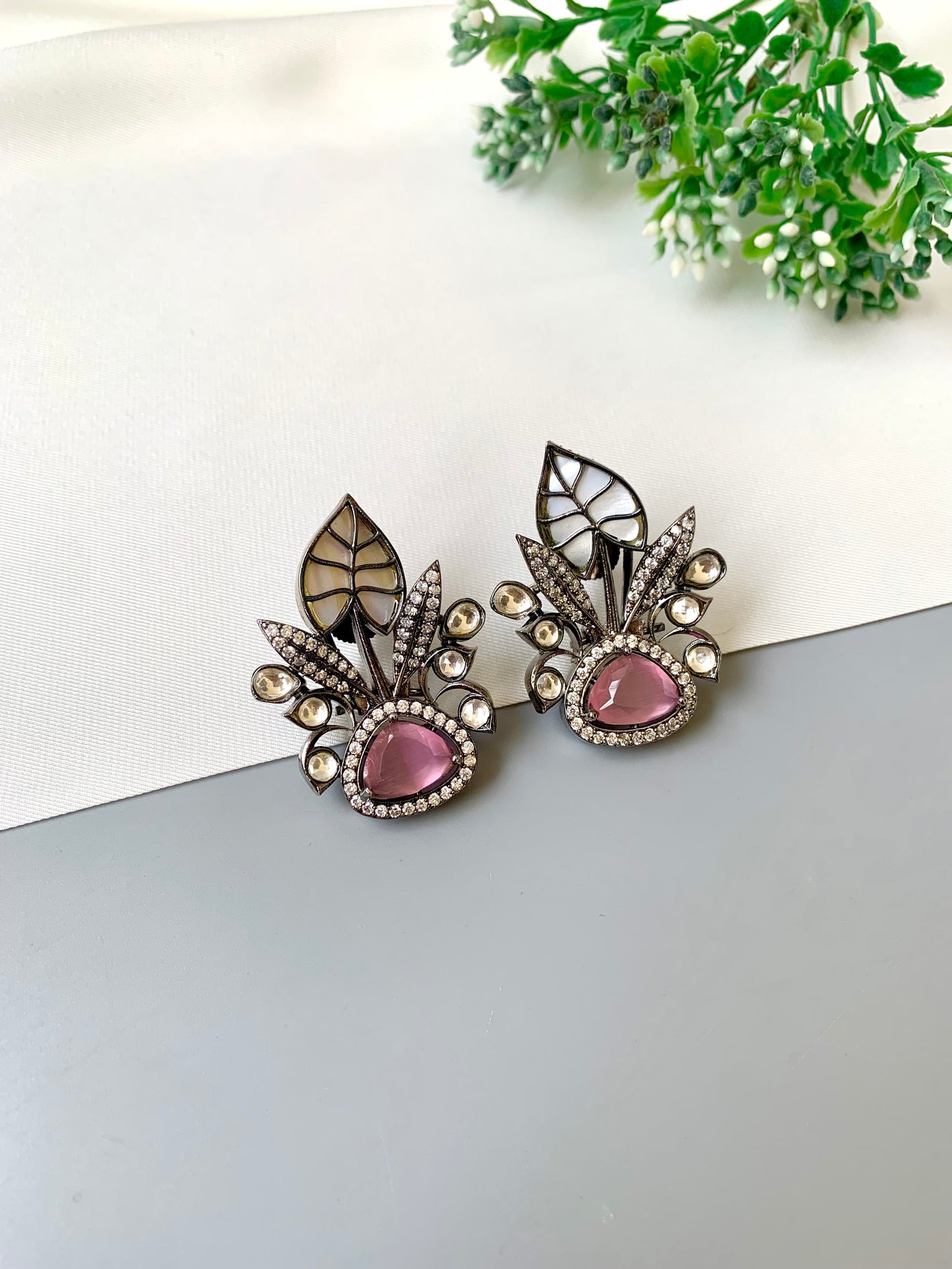 Laela rhodium pink designer earrings with polki kundan, mother of pearl and american diamonds