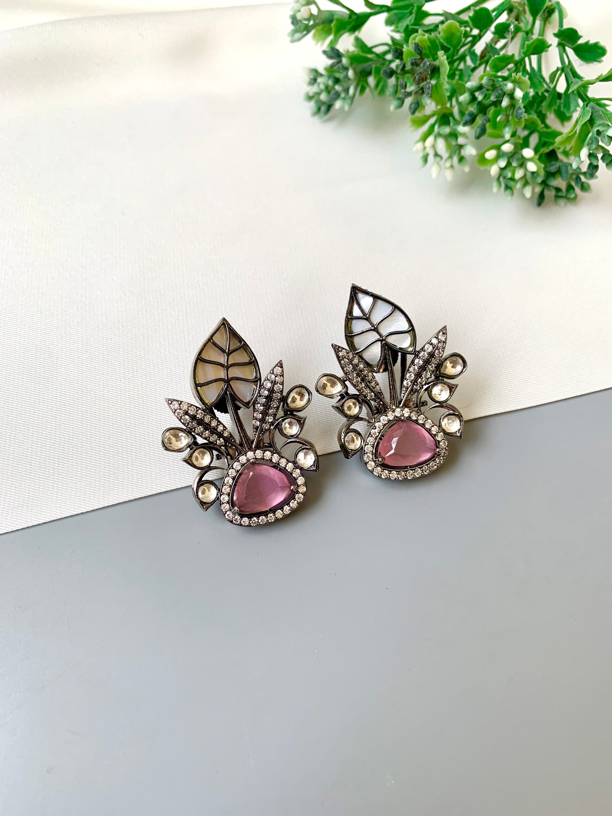 Laela rhodium pink designer earrings with polki kundan, mother of pearl and american diamonds