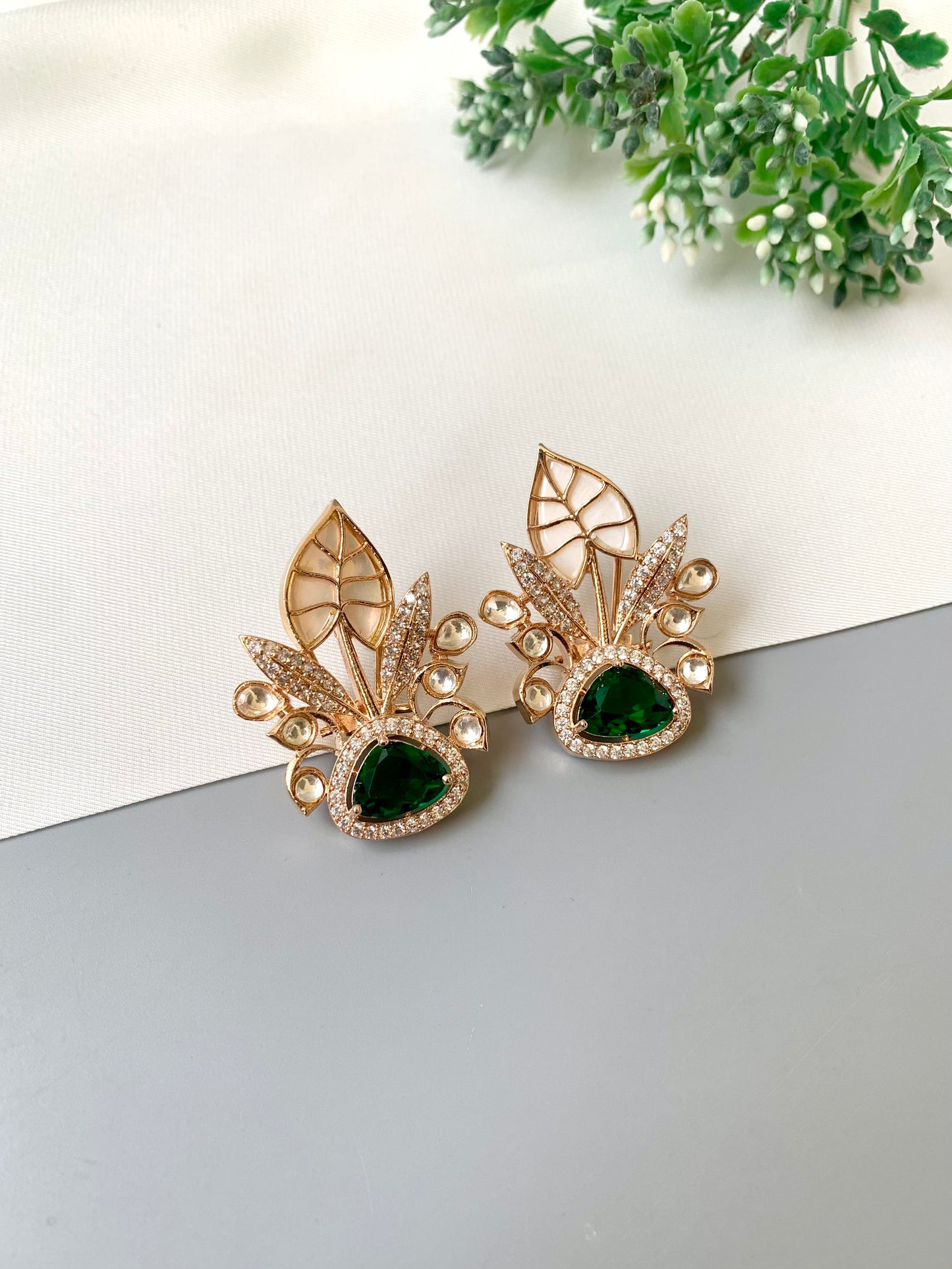 Laela rose emerald designer earrings with polki kundan, mother of pearl and american diamonds