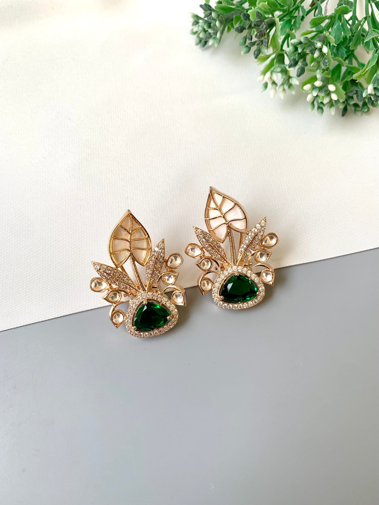 Laela rose emerald designer earrings with polki kundan, mother of pearl and american diamonds