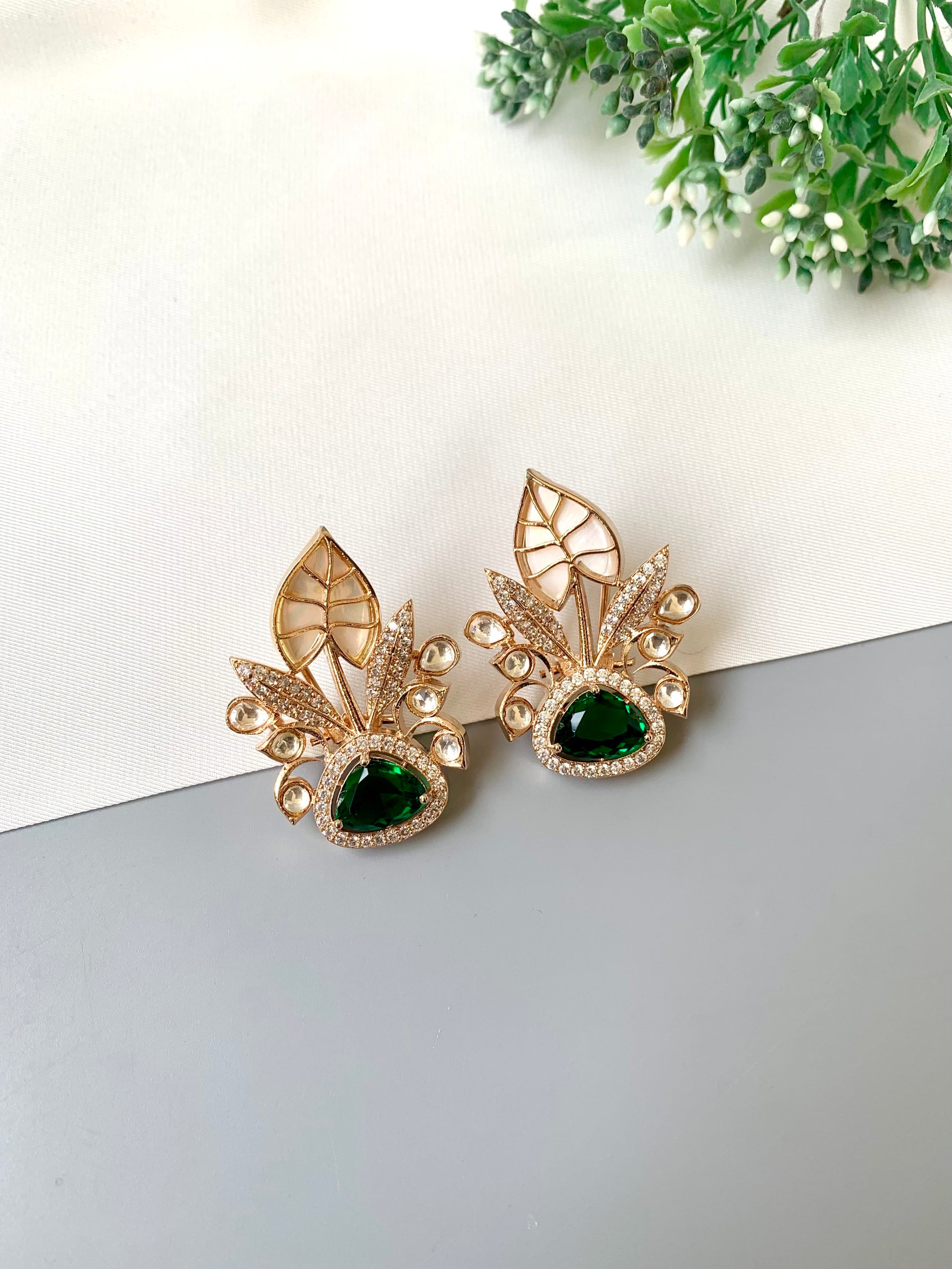 Laela rose emerald designer earrings with polki kundan, mother of pearl and american diamonds