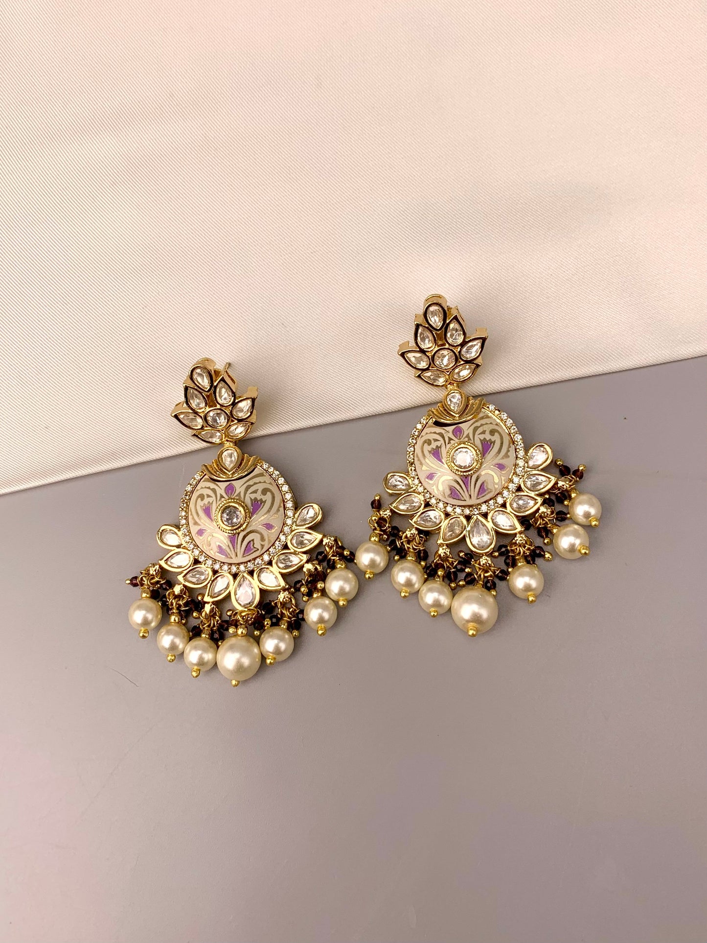 Lamy Victorian gold plated earrings with polki kundan amethyst pearls and hand painted meena work