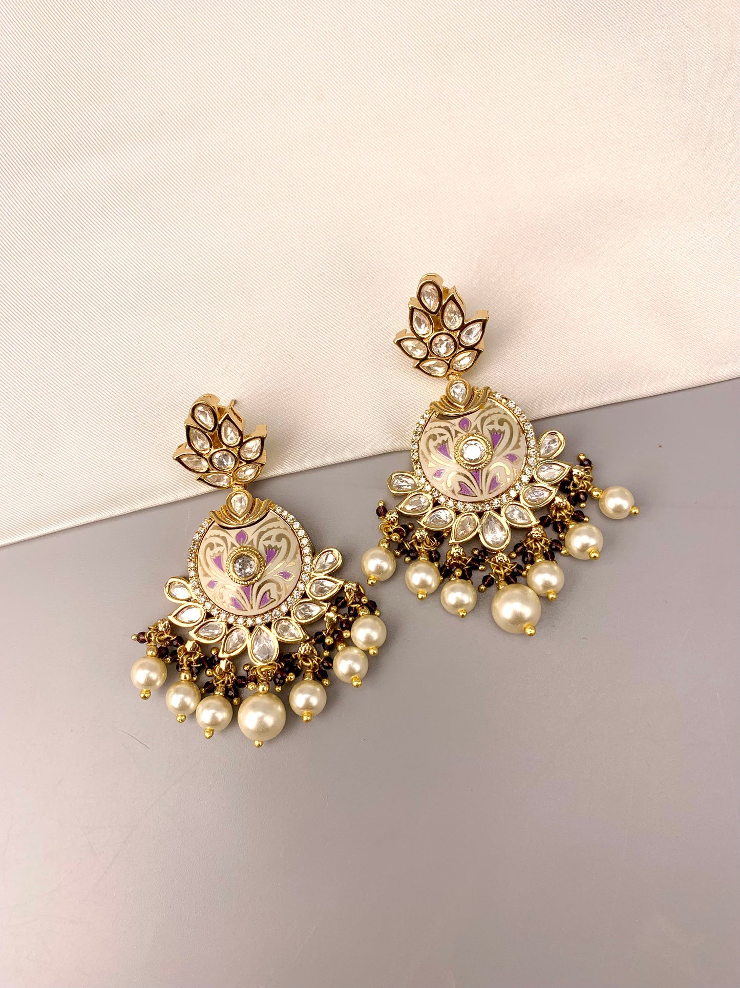 Lamy Victorian gold plated earrings with polki kundan amethyst pearls and hand painted meena work
