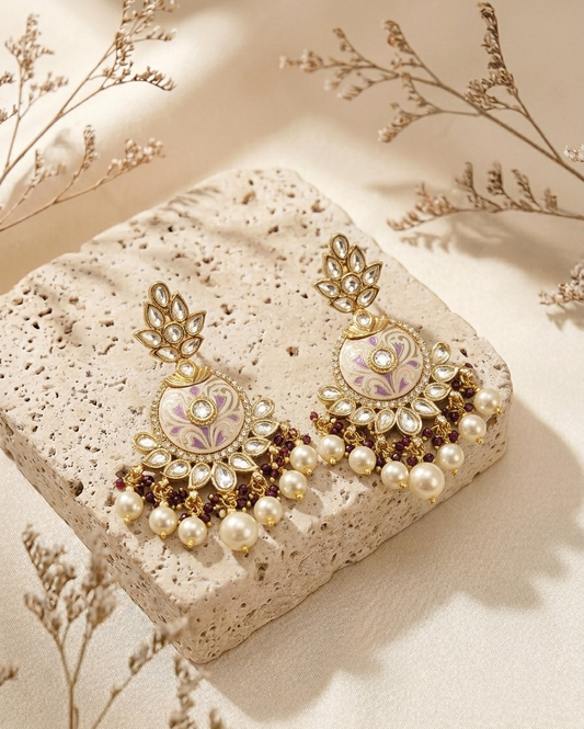 Lamy Victorian gold plated earrings with polki kundan amethyst pearls and hand painted meena work