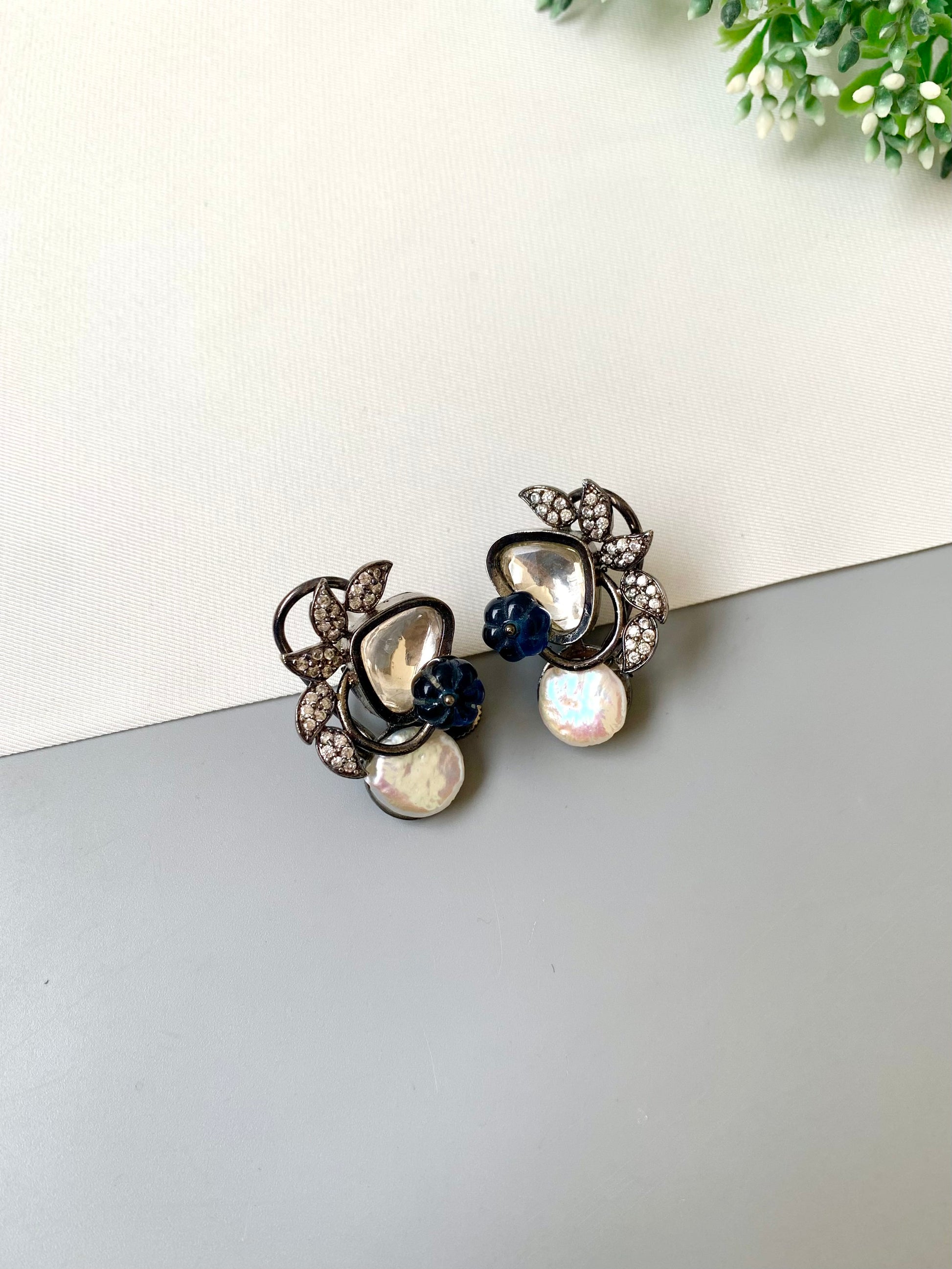 Lisa designer earrings in rhodium oxidized finish with baroque pearls, polki kundan and melon beads