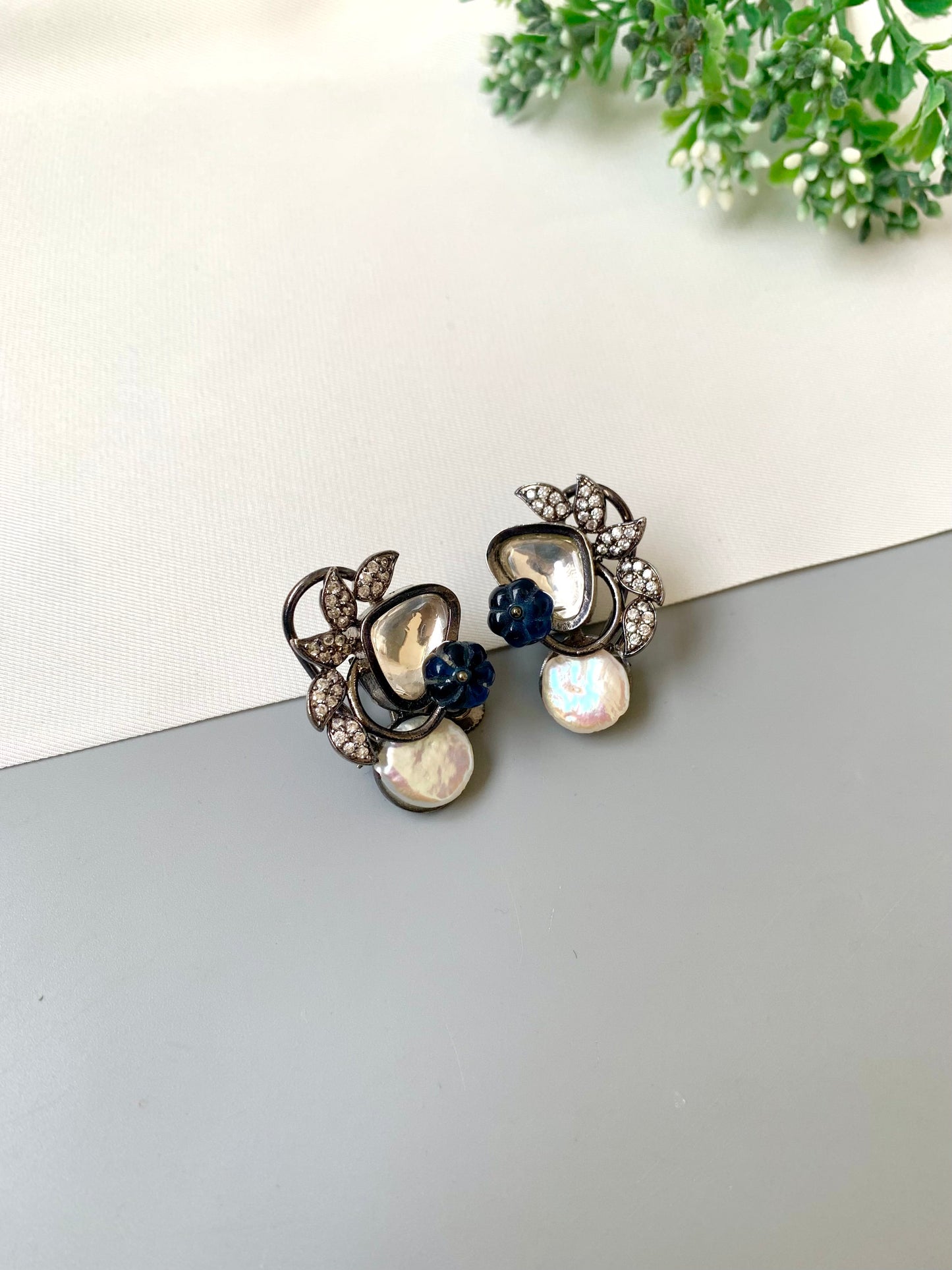 Lisa designer earrings in rhodium oxidized finish with baroque pearls, polki kundan and melon beads