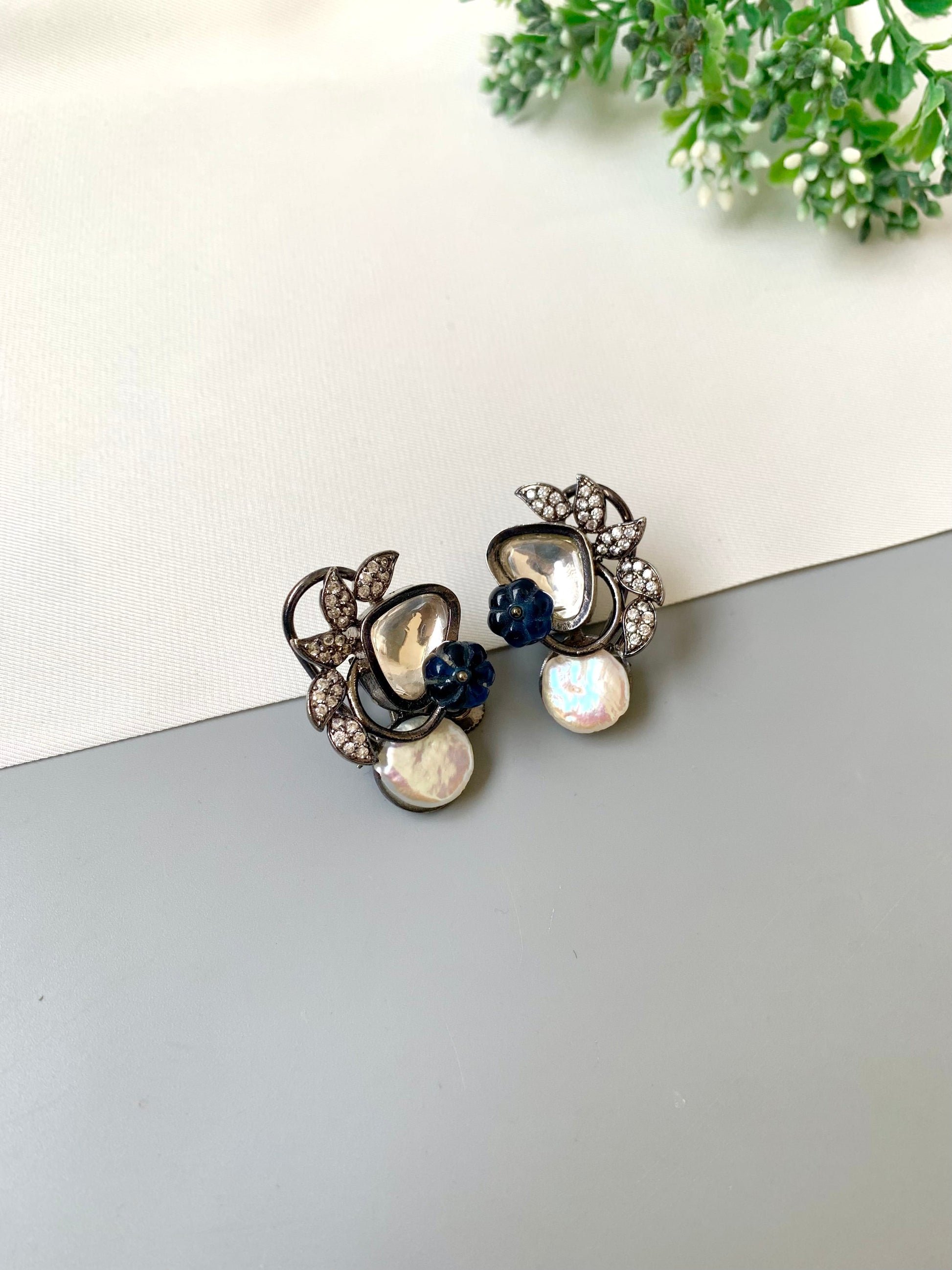 Lisa designer earrings in rhodium oxidized finish with baroque pearls, polki kundan and melon beads