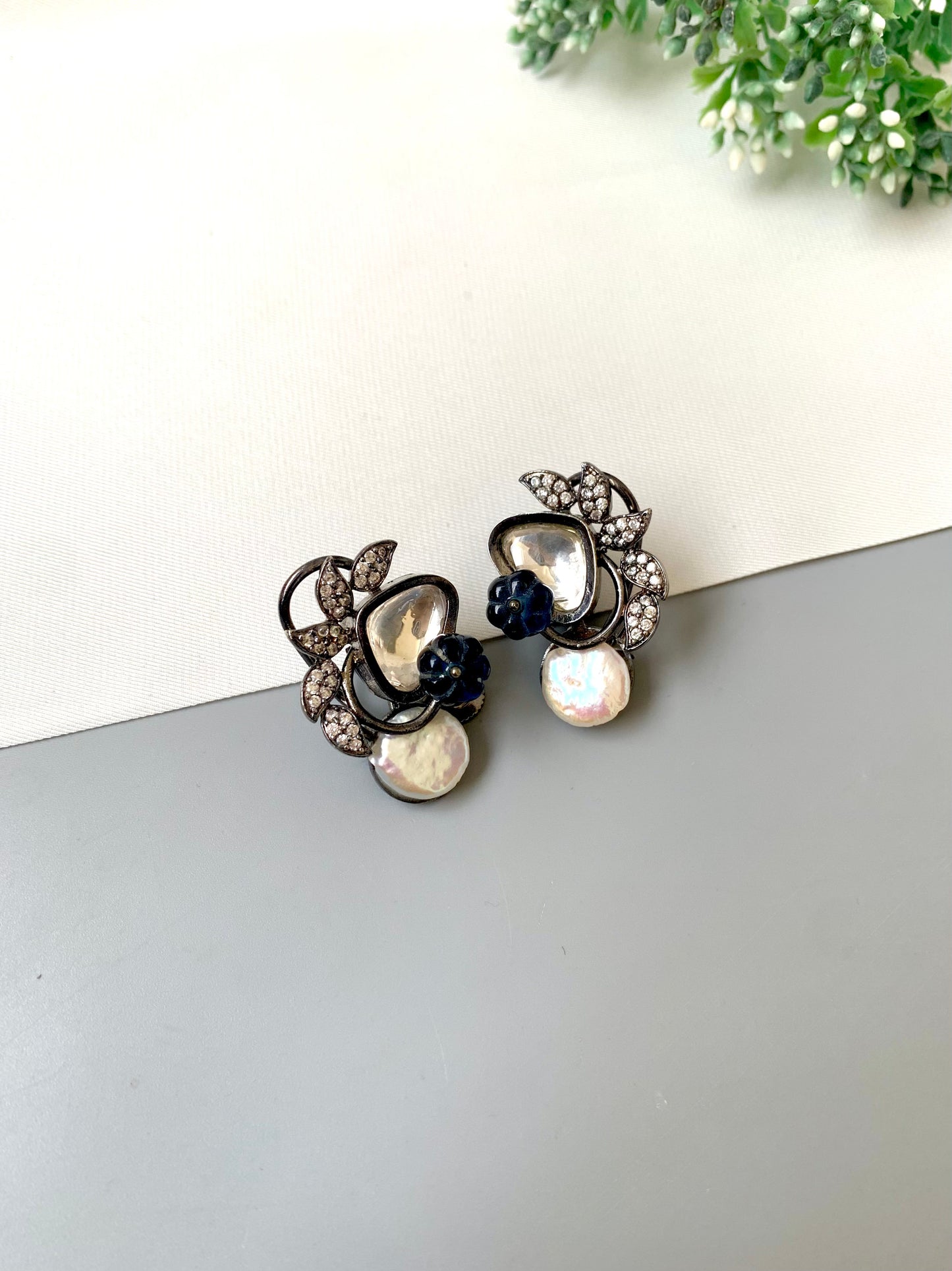 Lisa designer earrings in rhodium oxidized finish with baroque pearls, polki kundan and melon beads