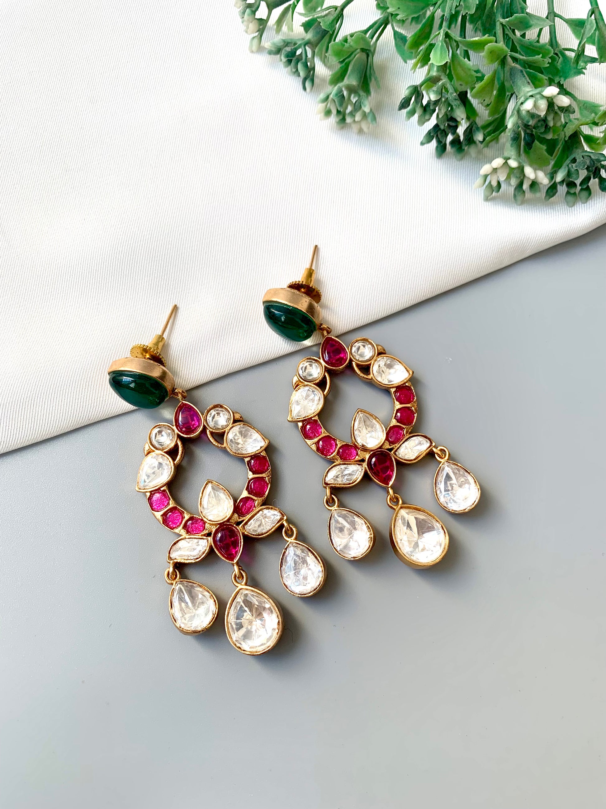 Liz ruby moissanite kundan earrings in victorian gold plating