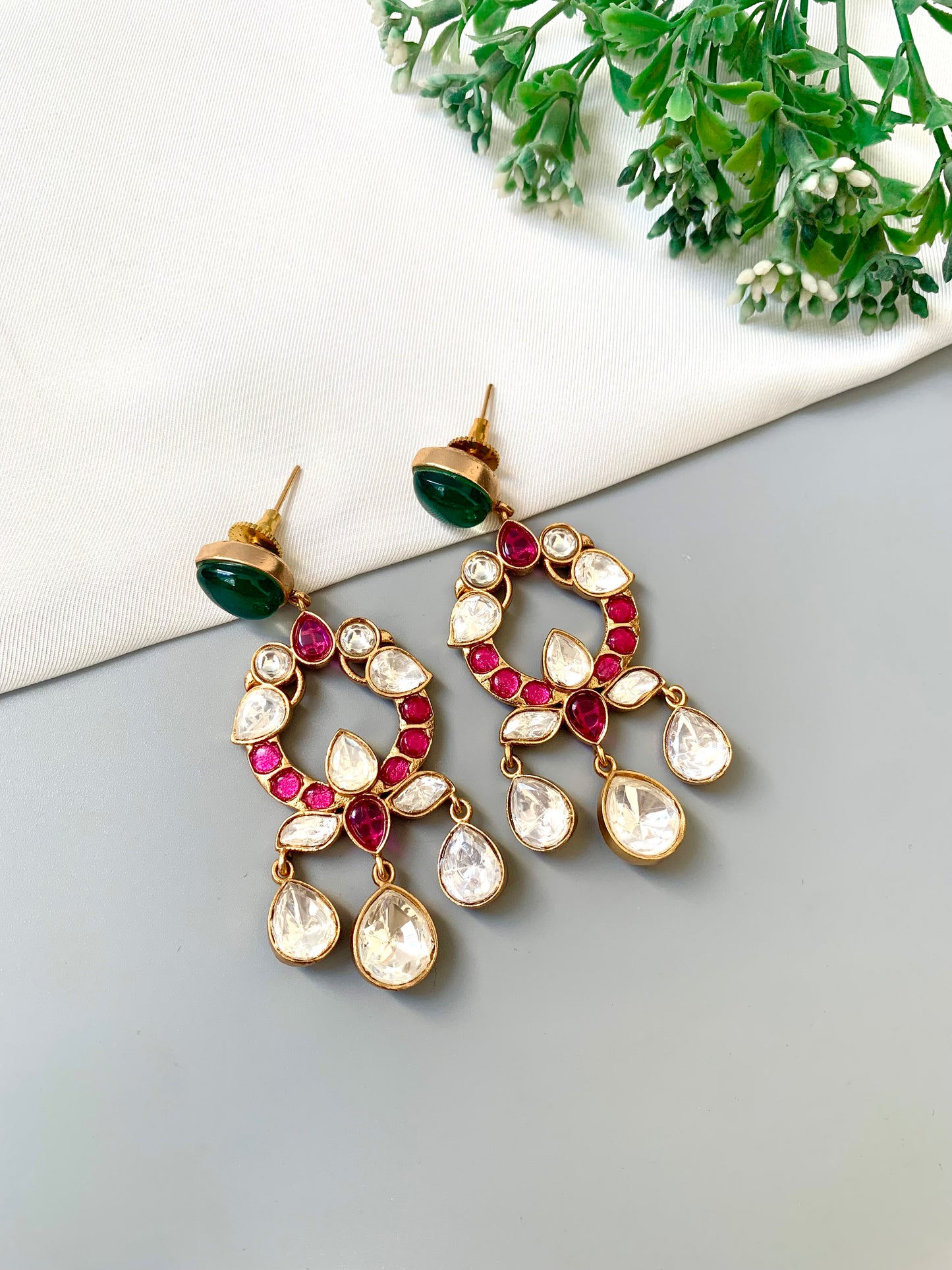 Liz ruby moissanite kundan earrings in victorian gold plating