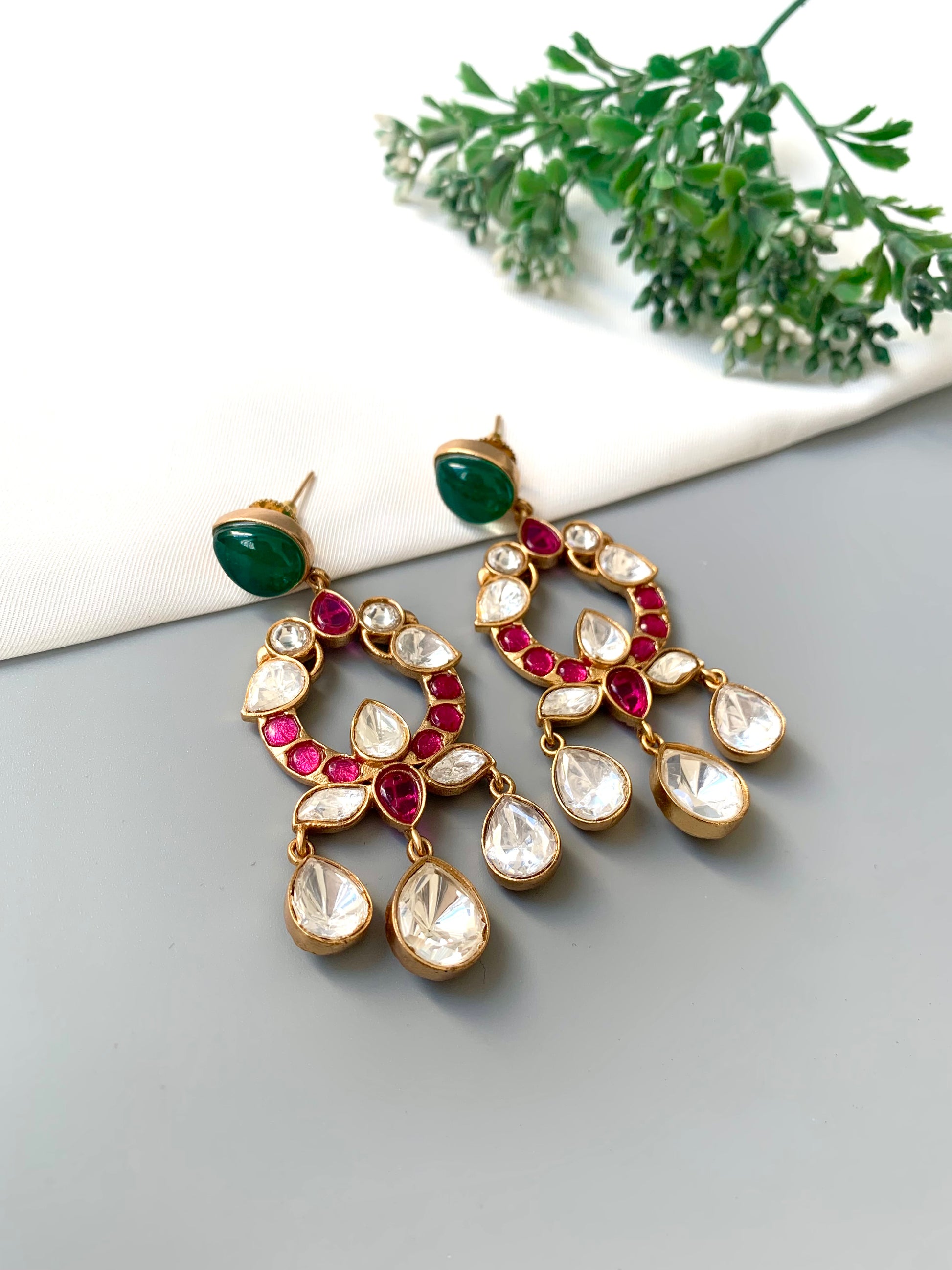 Liz ruby emerald moissanite kundan earrings in victorian gold plating