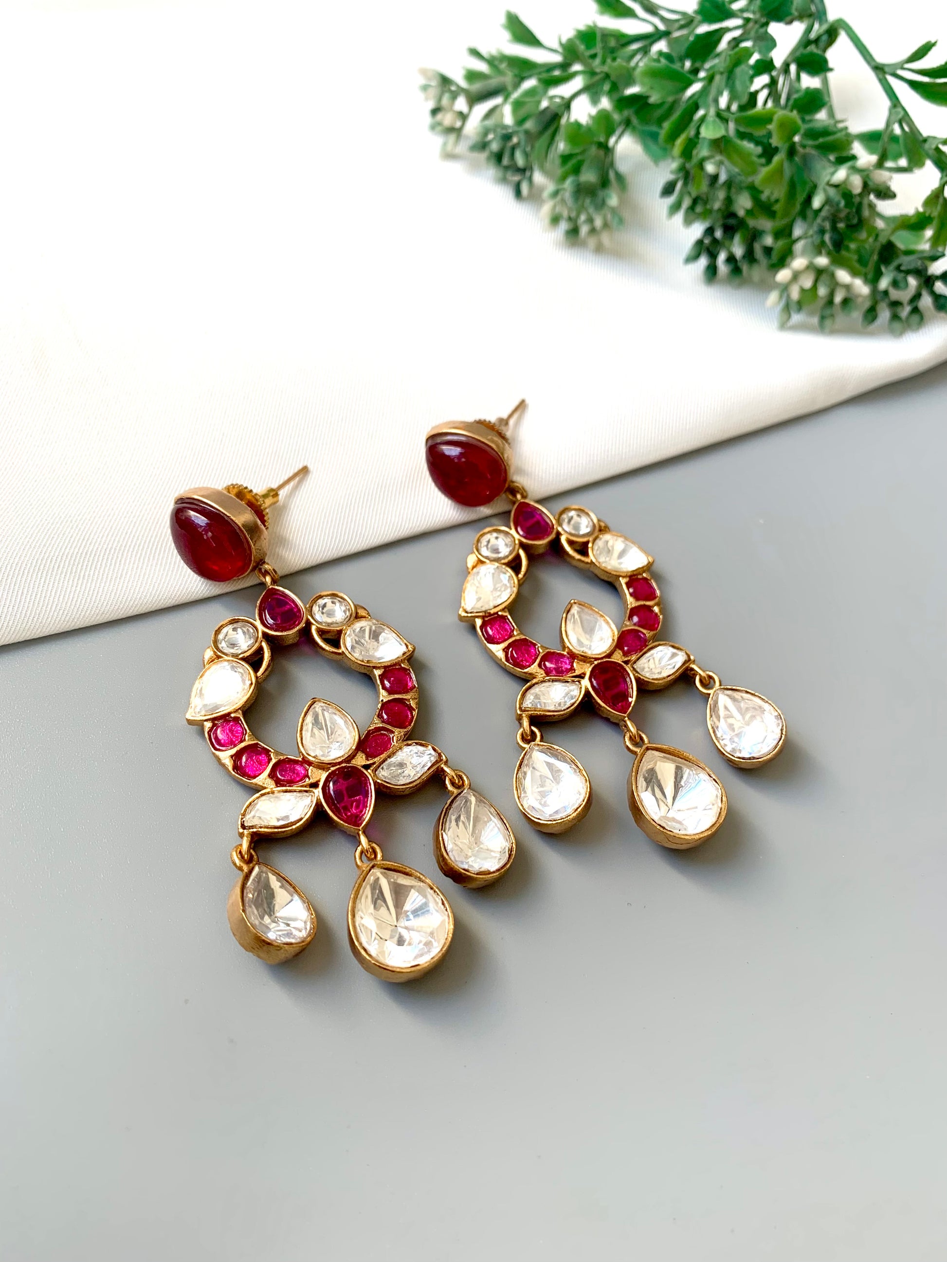 Liz ruby moissanite kundan earrings in victorian gold plating