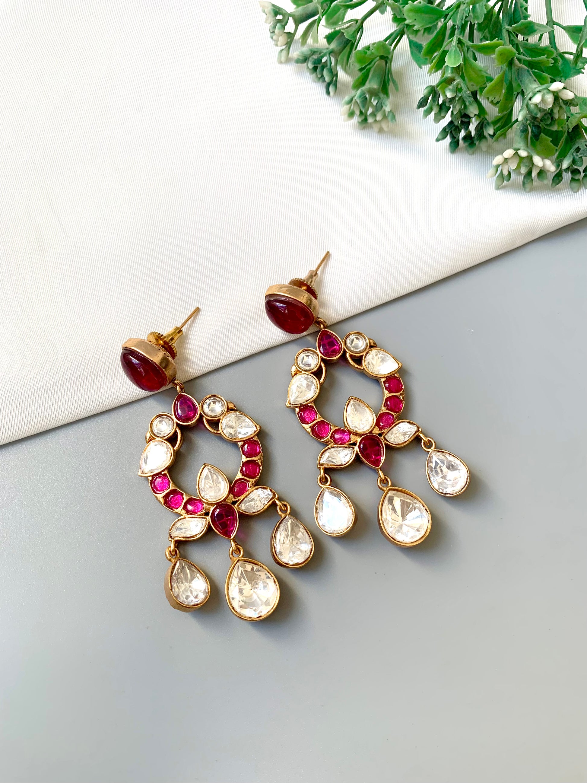 Liz ruby moissanite kundan earrings in victorian gold plating
