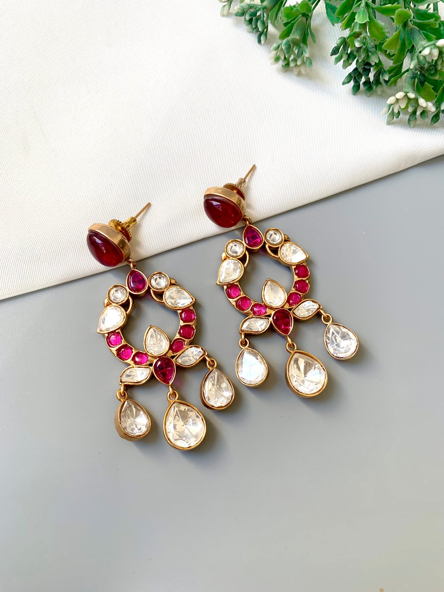 Liz ruby moissanite kundan earrings in victorian gold plating