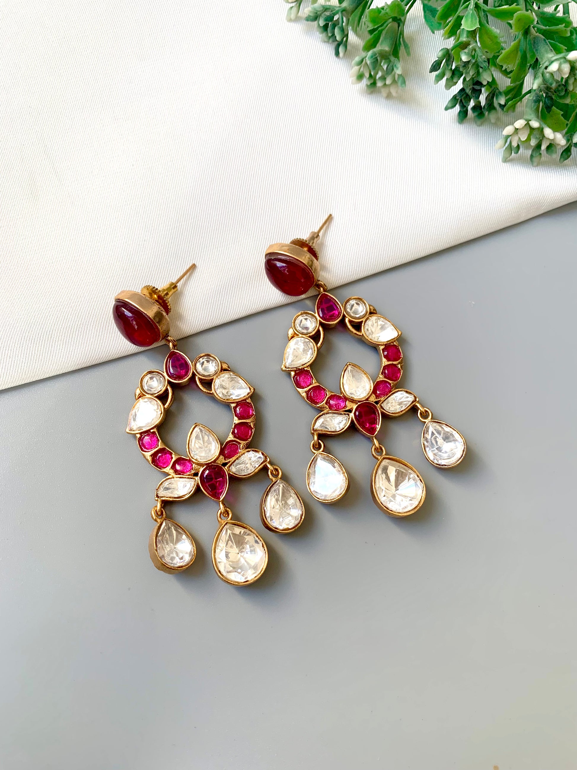 Liz ruby moissanite kundan earrings in victorian gold plating